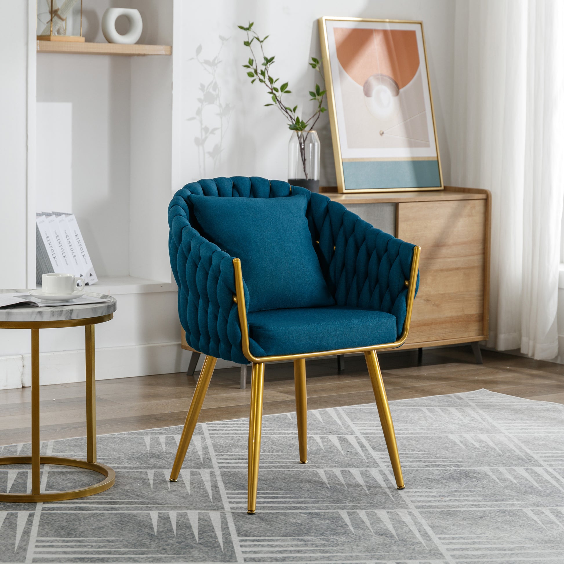 Handwoven Modern Chairs, Casual Chairs, Universal Foot Nails, Metal Chair Legs With Pillows Peacock Blue Navy Green Primary Living Space Linen