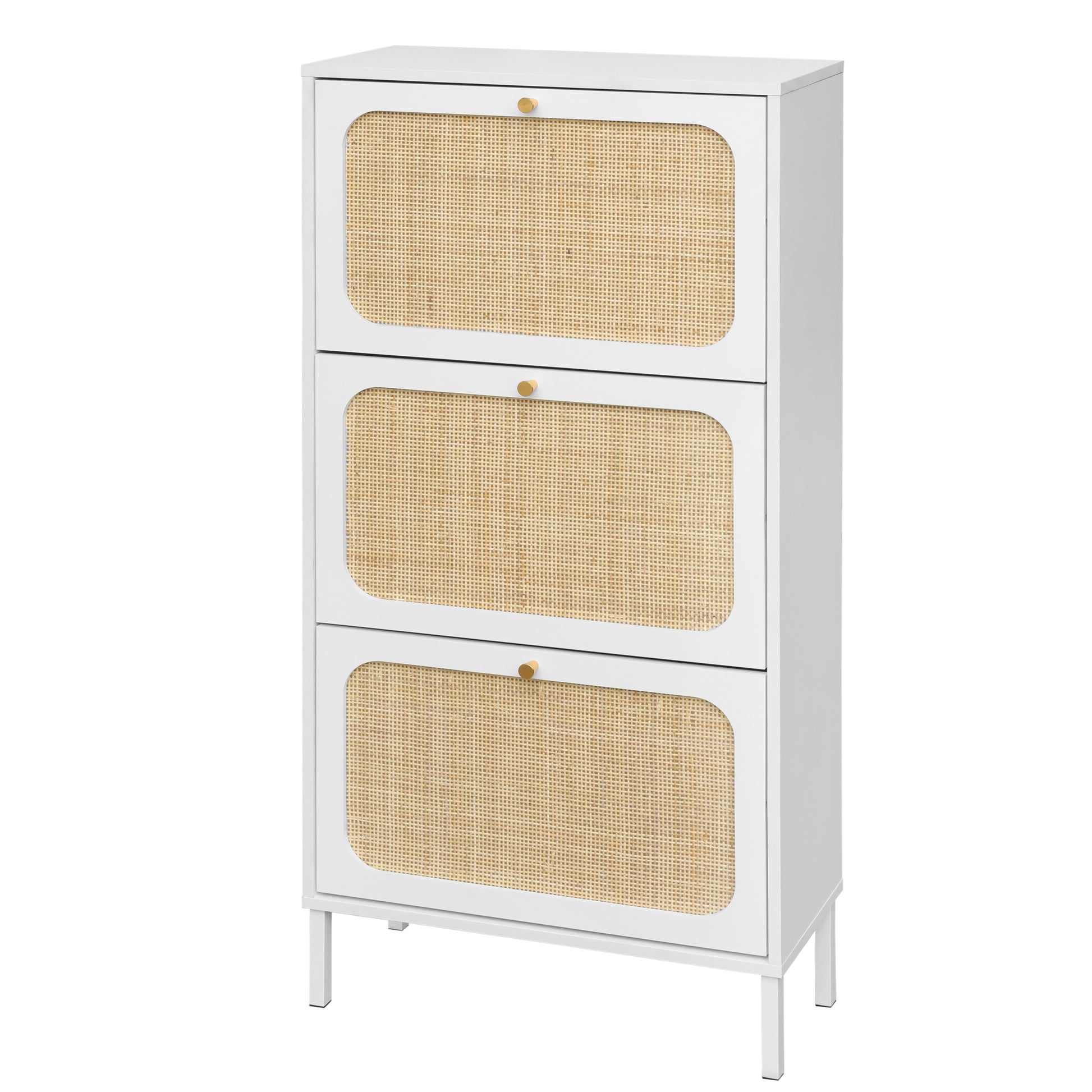 Natural Rattan 3 Door Shoe Rack, Freestanding Modern Shoe Storage Cabinet, For Entryway White Particle Board