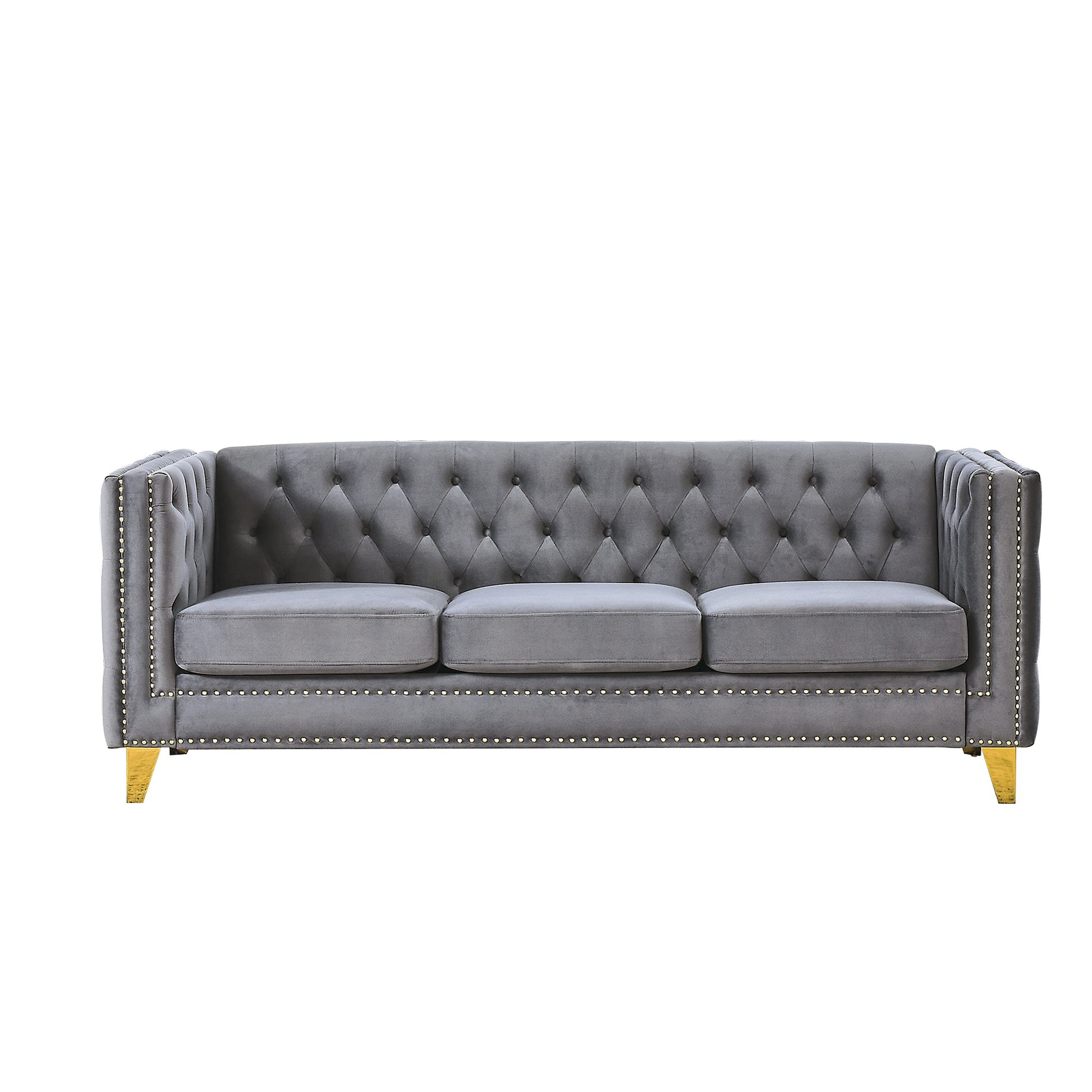 Contact Us For 3D Modeling Velvet Sofa For Living Room,Buttons Tufted Square Arm Couch, Modern Couch Upholstered Button And Metal Legs, Sofa Couch For Bedroom, Grey Velvet .2Pcs Gray Foam Velvet