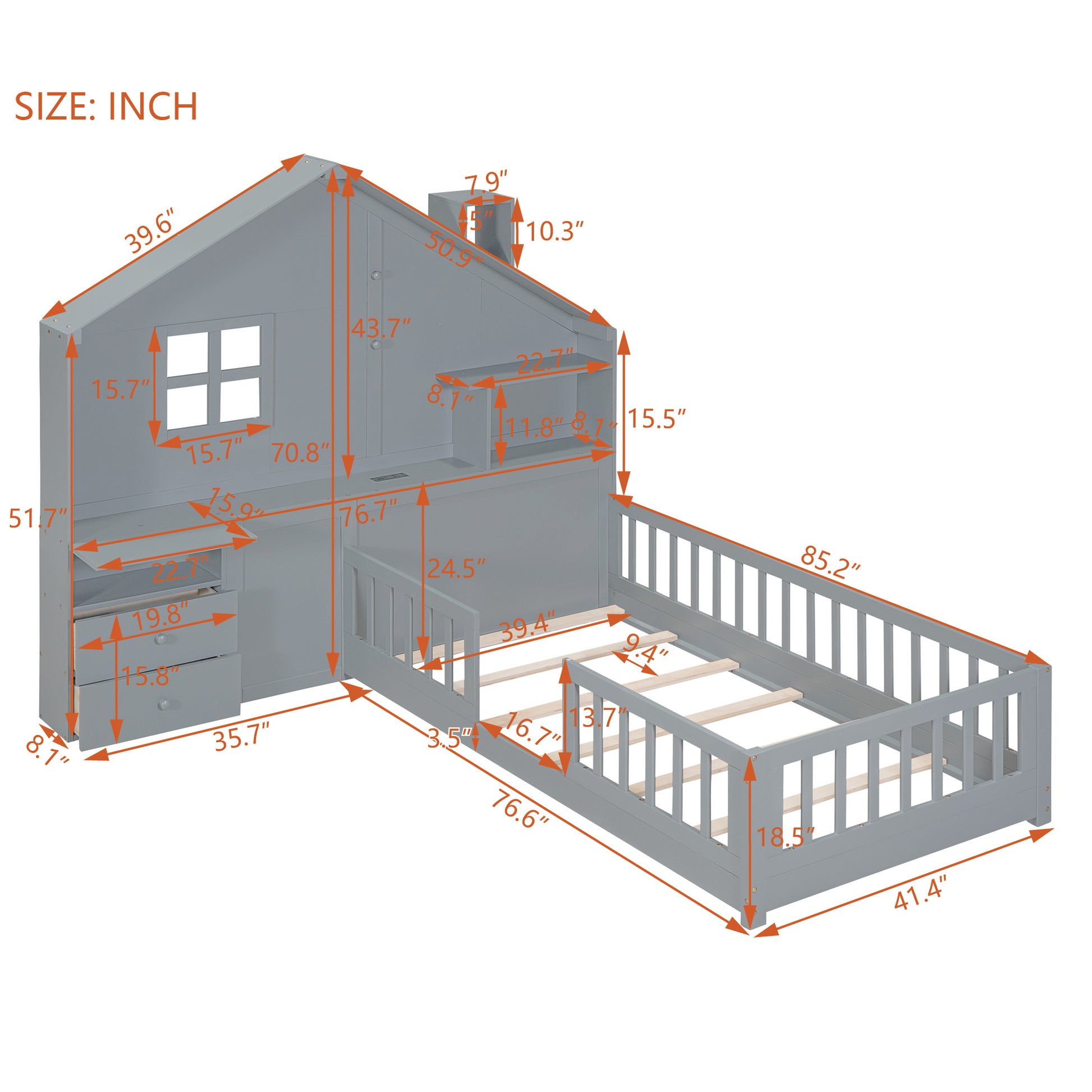 Twin Size House Bed With Window And Bedside Drawers, Platform Bed With Shelves And A Set Of Sockets And Usb Port, Gray Gray Solid Wood Mdf