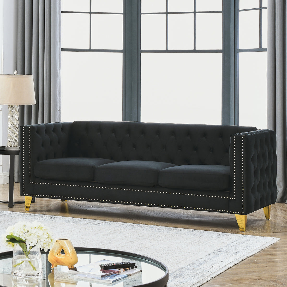 Contact Us For 3D Modeling Velvet Sofa For Living Room,Buttons Tufted Square Arm Couch, Modern Couch Upholstered Button And Metal Legs, Sofa Couch For Bedroom, Black Velvet W834S00022 Black Foam Velvet