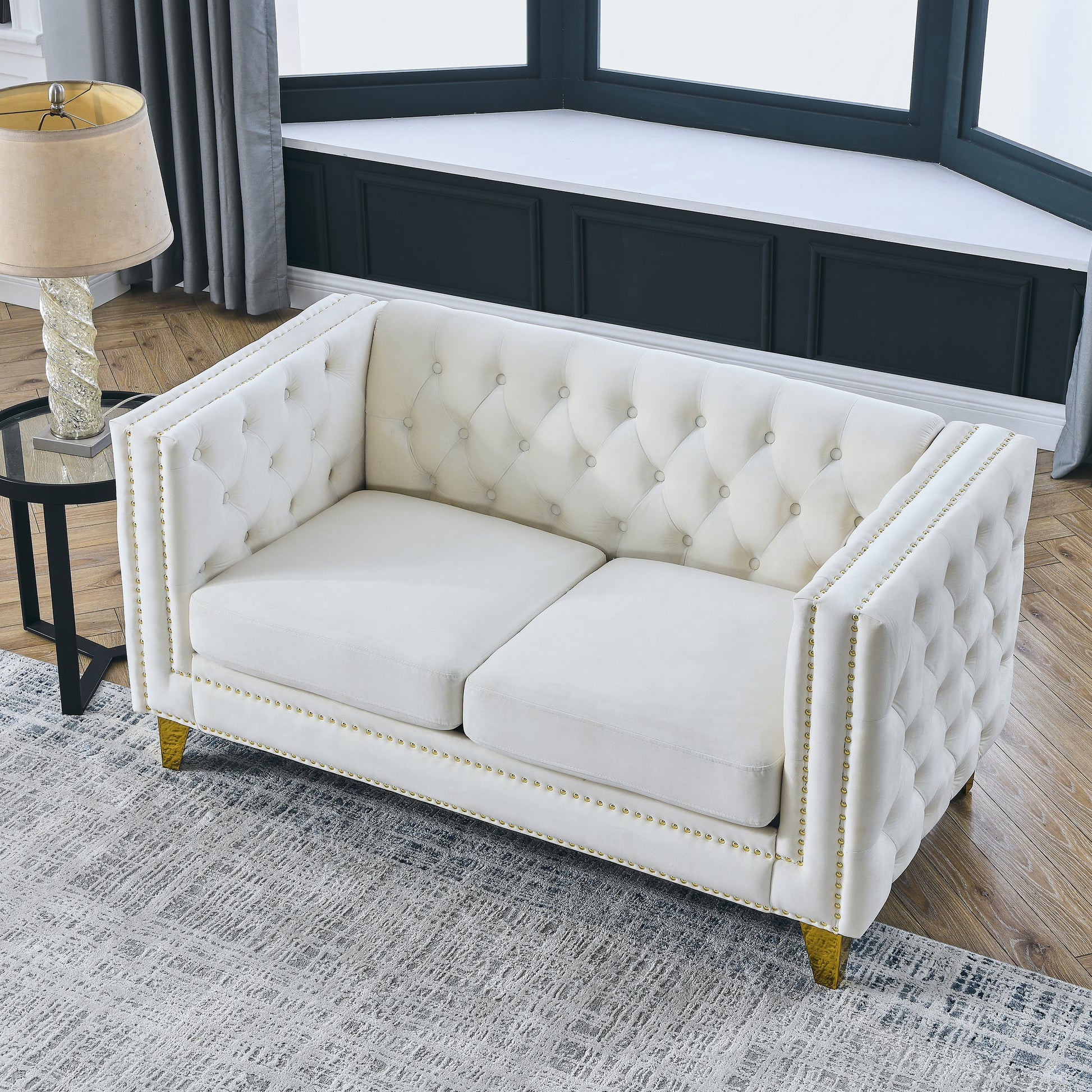 Contact Us For 3D Modeling Velvet Sofa For Living Room,Buttons Tufted Square Arm Couch, Modern Couch Upholstered Button And Metal Legs, Sofa Couch For Bedroom, Beige Velvet 2S W834S00052 Beige Foam Velvet