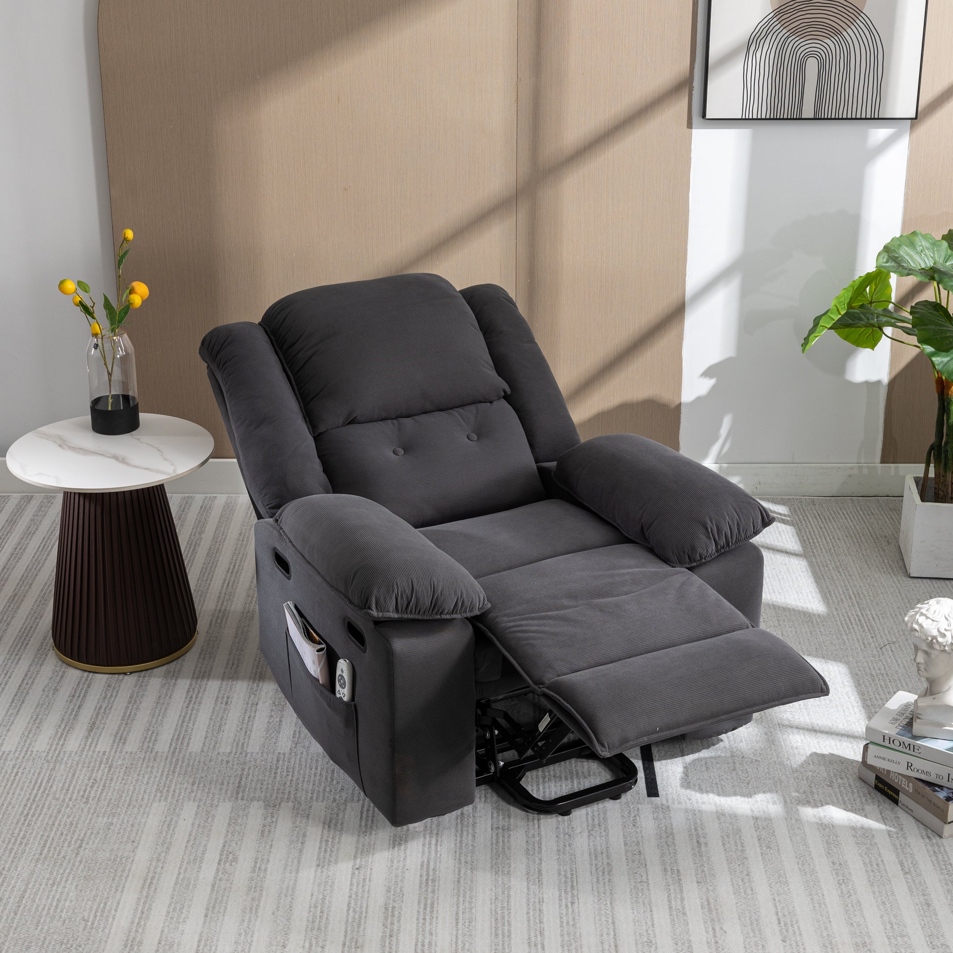 Massage Recliner,Power Lift Chair For Elderly With Adjustable Massage And Heating Function,Recliner Chair With Infinite Position And Side Pocket For Living Room ,Gray Gray Foam Corduroy