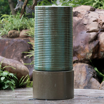 19.5X19.5X43.5" Large Concrete Cylinder Green & Brown Ribbed Water Fountain, Outdoor Bird Feeder Bath Fountain, Modern Industrial Style Antique Green Garden & Outdoor American Design,Antique,Contemporary,Industrial,Modern Concrete