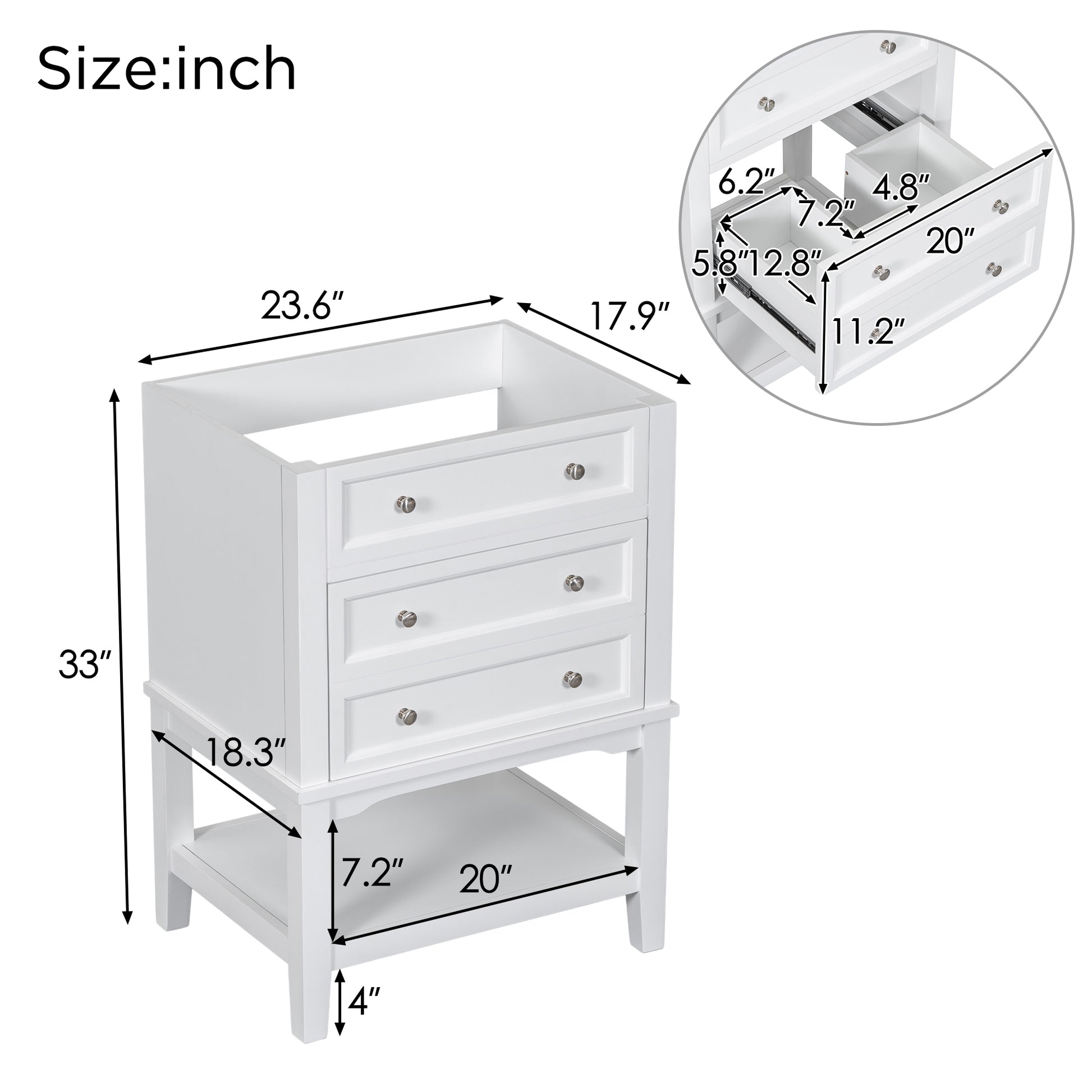 24" Bathroom Vanity Without Sink, Base Only, Solid Wood Frame, Bathroom Storage Cabinet With Drawer And Open Shelf, White White Solid Wood Mdf