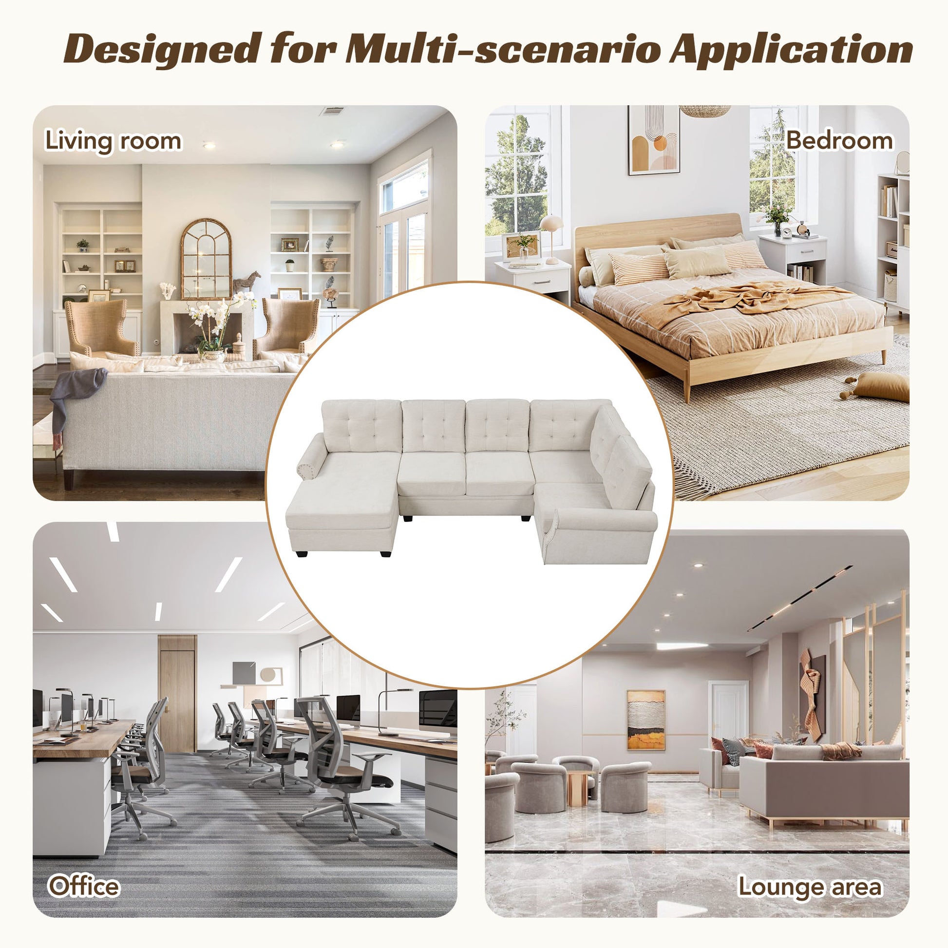 120" Modern U Shaped Corner Sectional Sofa Upholstered Linen Fabric Sofa Couch For Living Room, Bedroom, Beige Beige Foam Linen