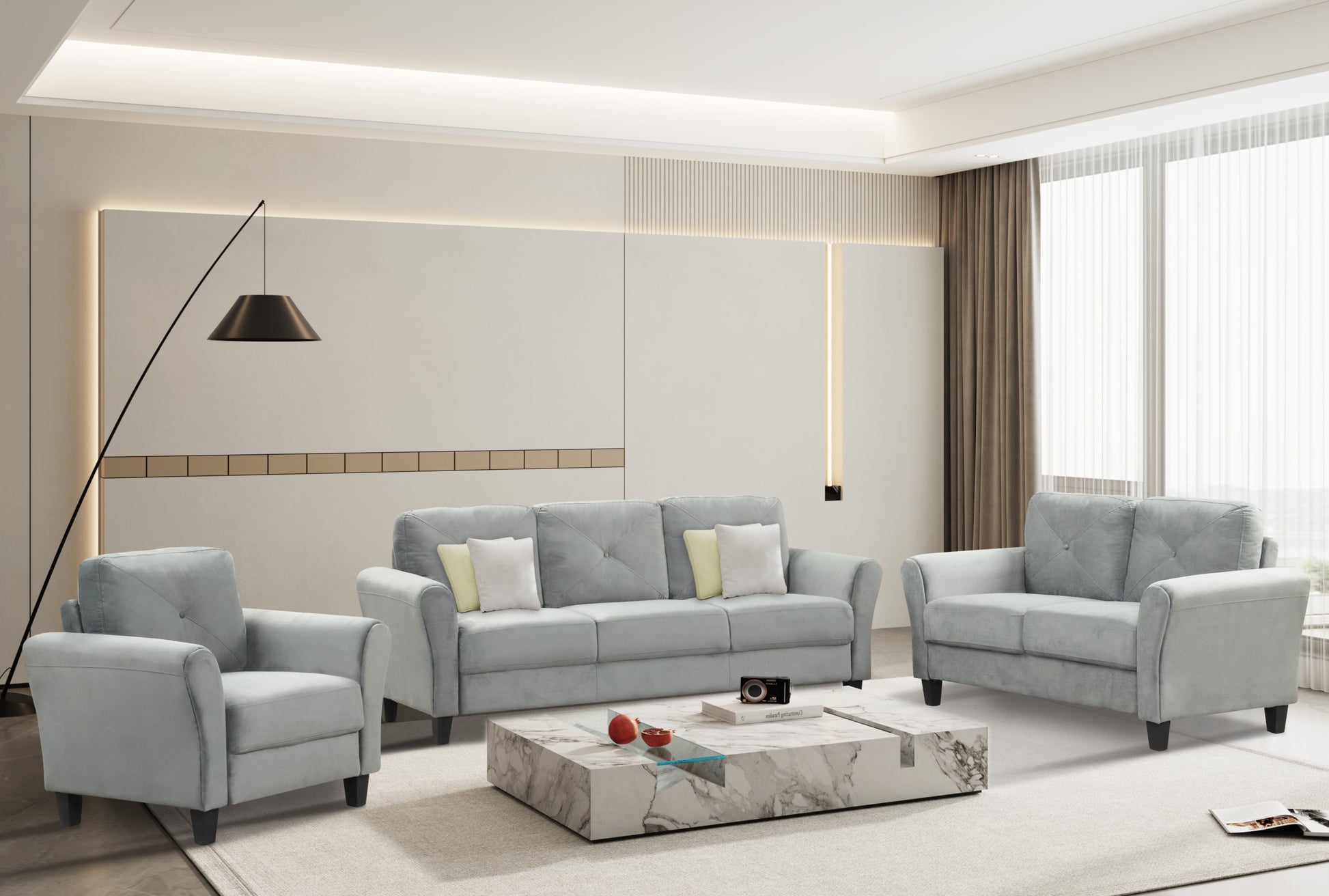 Fashionable Living Room Sofa For 3 People, Gray Fabric Antique Dark Grey Brown Polyester Wood Primary Living Space Soft American Traditional Rubberwood Memory Foam And Polyurethane Foam Polyester 3 Seat