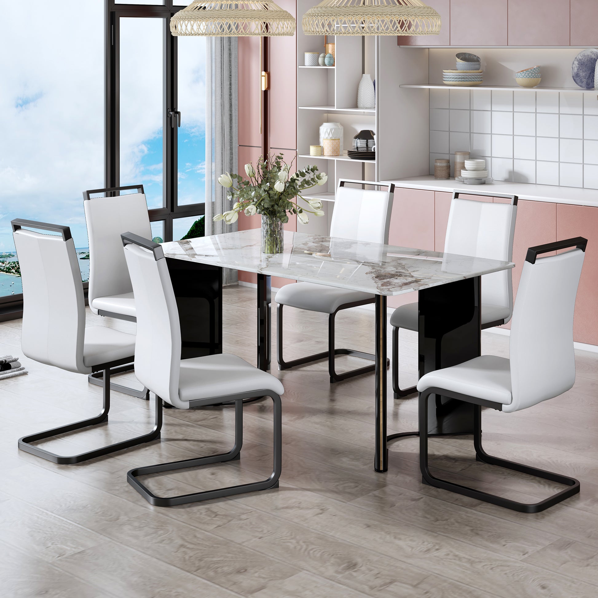 Table And Chair Set. A White Imitation Marble Desktop With Mdf Legs And Gold Metal Decorative Strips. Paired With 6 Dining Chairs With White Backrest And Black Metal Legs.F Hh C 1162 White Mdf Glass