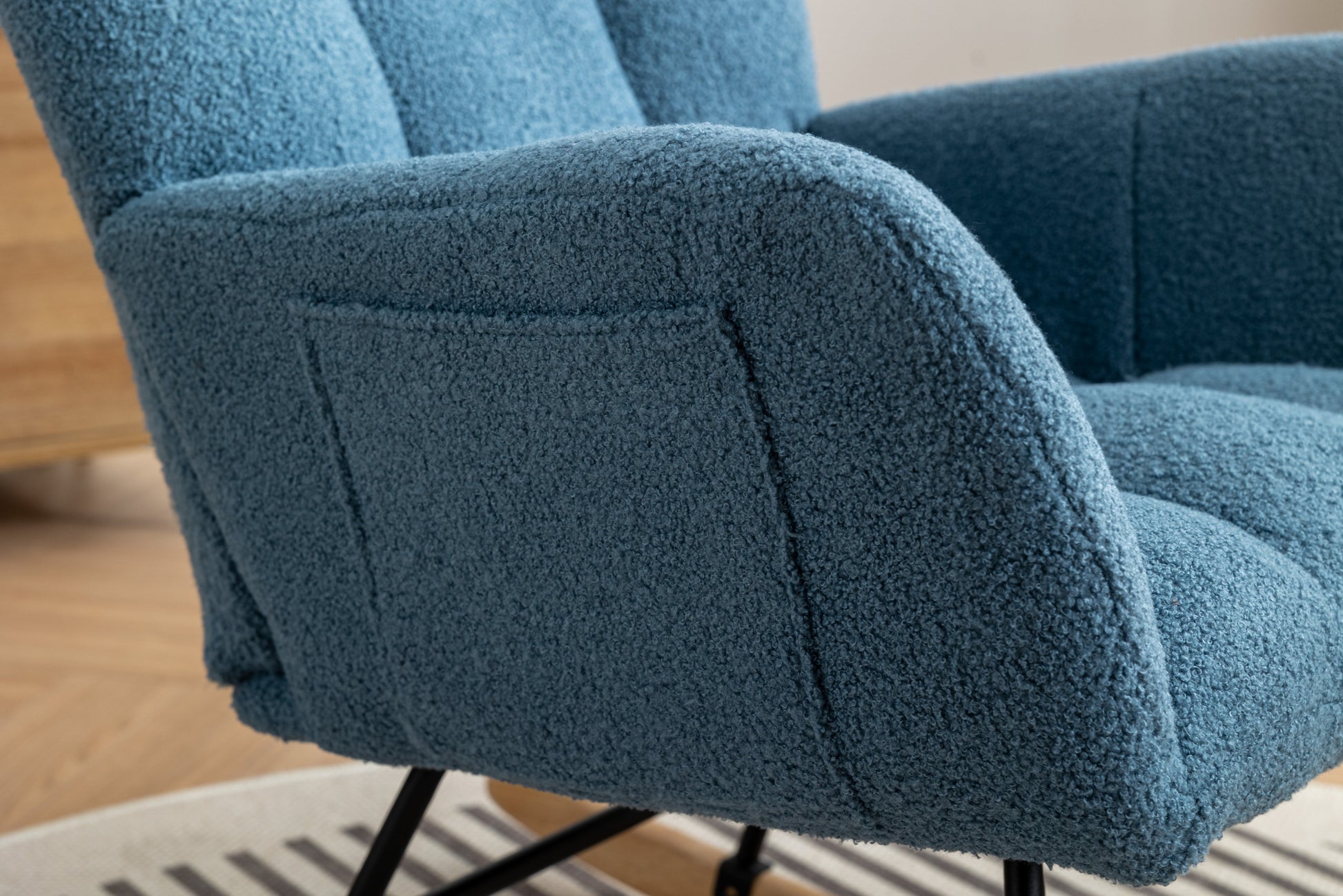 Rocking Chair With Pocket, Soft Teddy Fabric Rocking Chair For Nursery, Comfy Wingback Glider Rocker With Safe Solid Wood Base For Living Room Bedroom Balcony Blue Blue Casual Foam Teddy