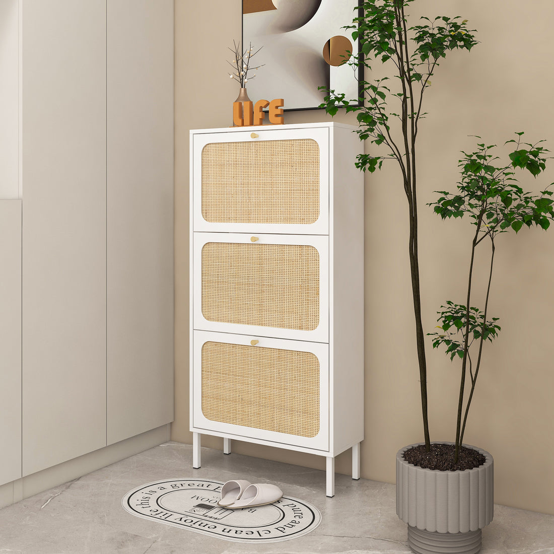 Natural Rattan 3 Door Shoe Rack, Freestanding Modern Shoe Storage Cabinet, For Entryway White Particle Board