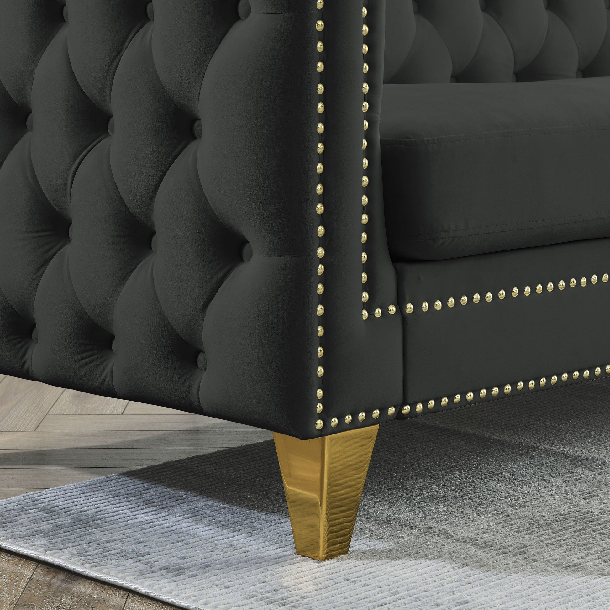 Contact Us For 3D Modeling Velvet Sofa For Living Room,Buttons Tufted Square Arm Couch, Modern Couch Upholstered Button And Metal Legs, Sofa Couch For Bedroom, Black Velvet 2S Black Foam Velvet