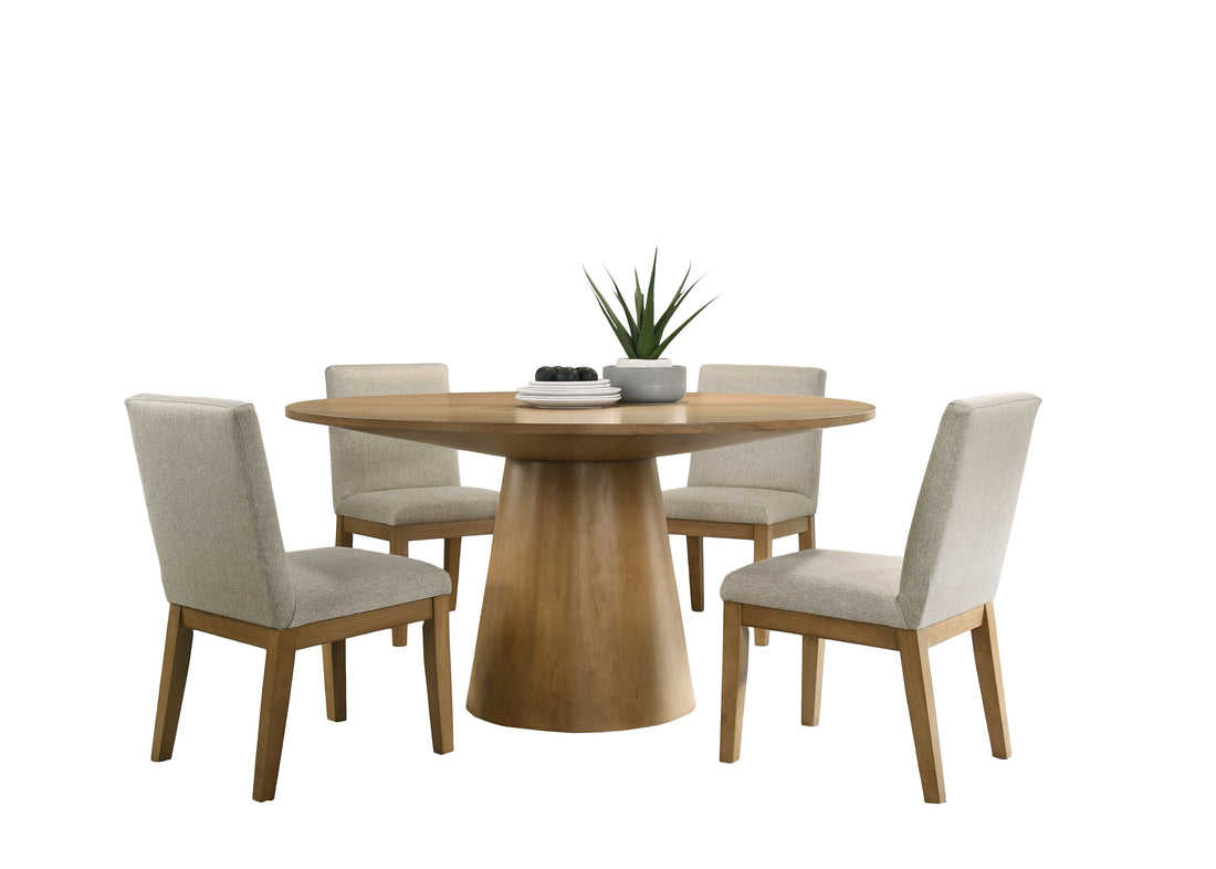 Jasper Driftwood Finish 5 Piece 59" Wide Contemporary Round Dining Table Set With Beige Fabric Chairs Wood Wood