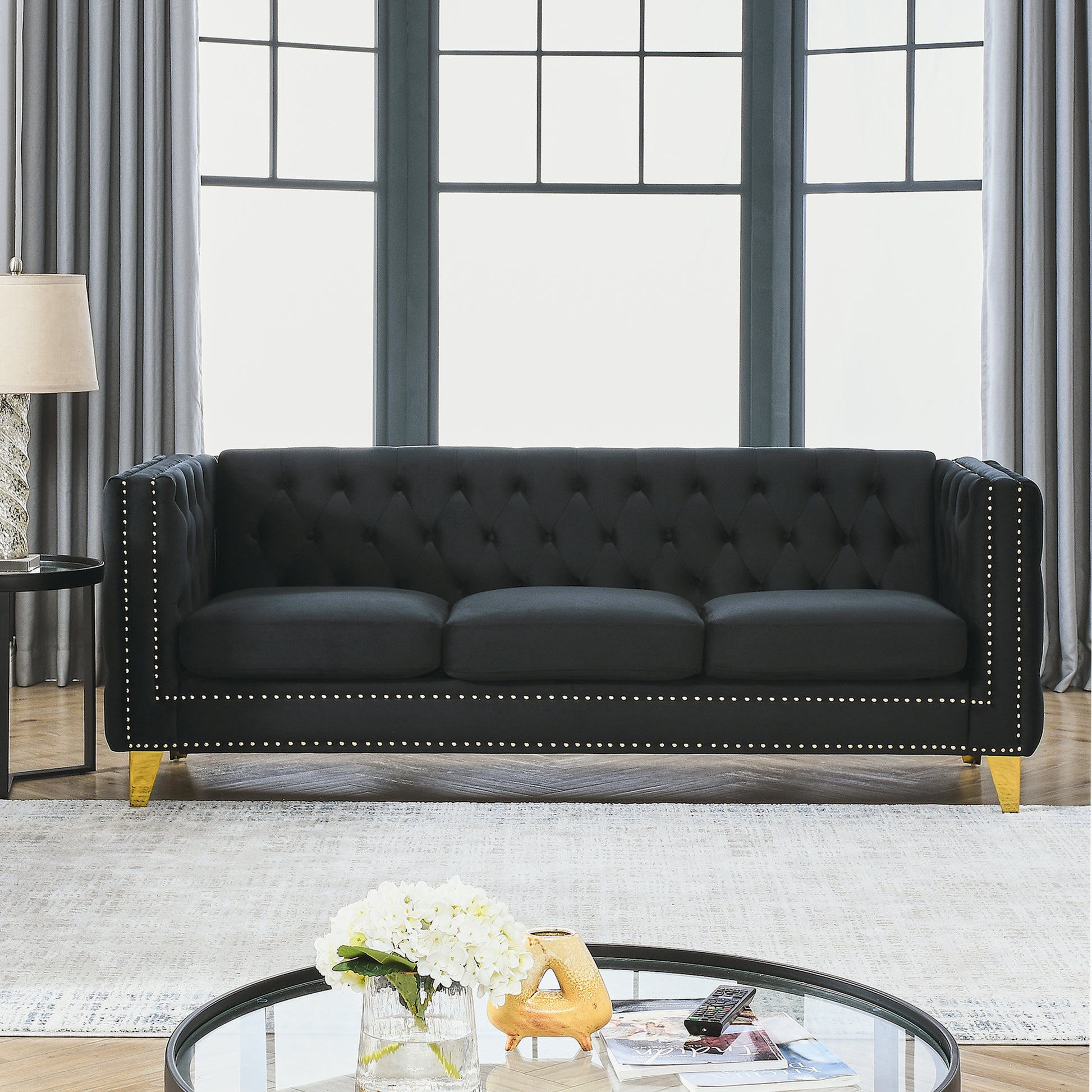 Contact Us For 3D Modeling Velvet Sofa For Living Room,Buttons Tufted Square Arm Couch, Modern Couch Upholstered Button And Metal Legs, Sofa Couch For Bedroom, Black Velvet W834S00022 Black Foam Velvet