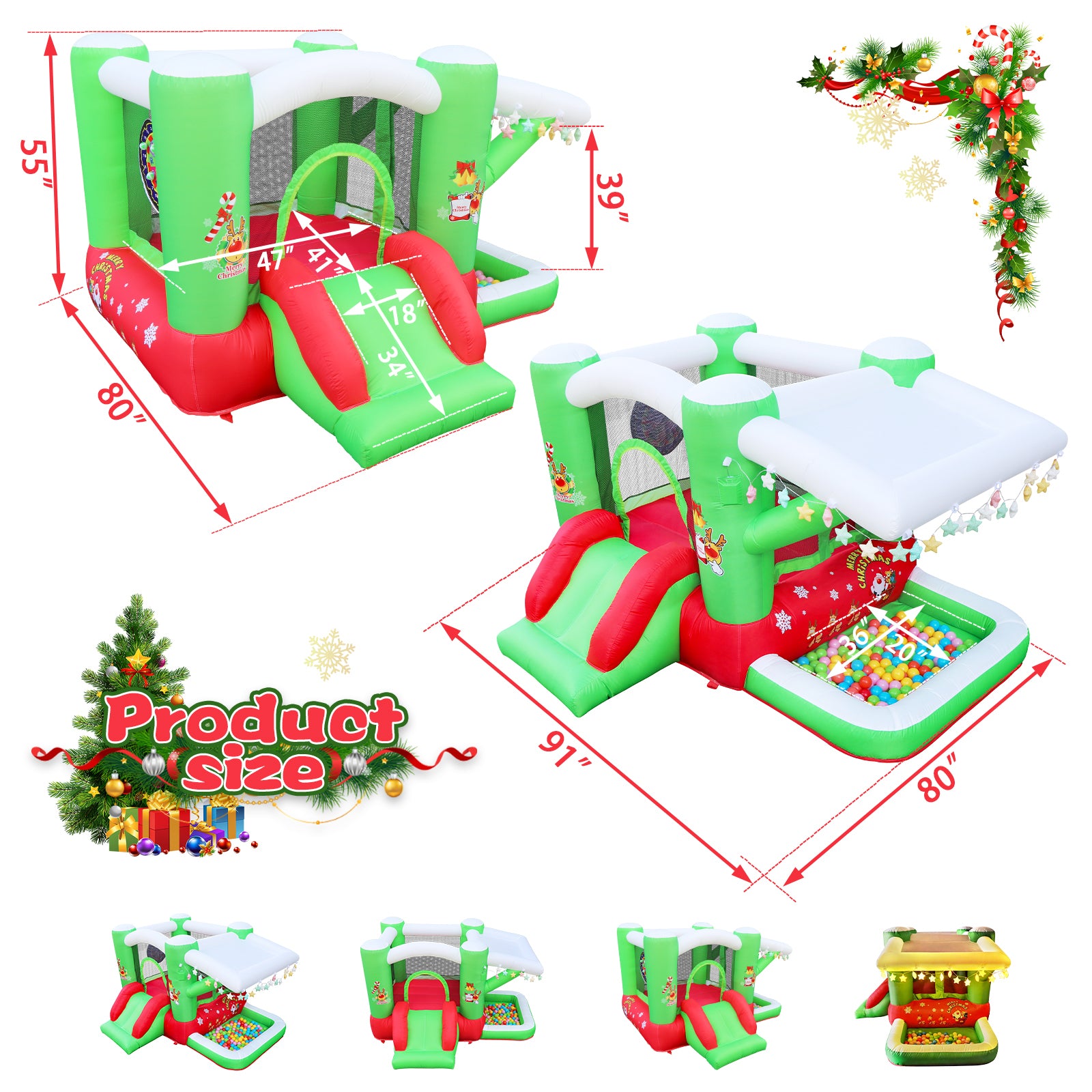 Christmas Jump 'N Slide Inflatable Bouncer For Kids Complete Setup With Blower 80" X 91" Play Area 55" Tall Multicolor Oxford Fabric