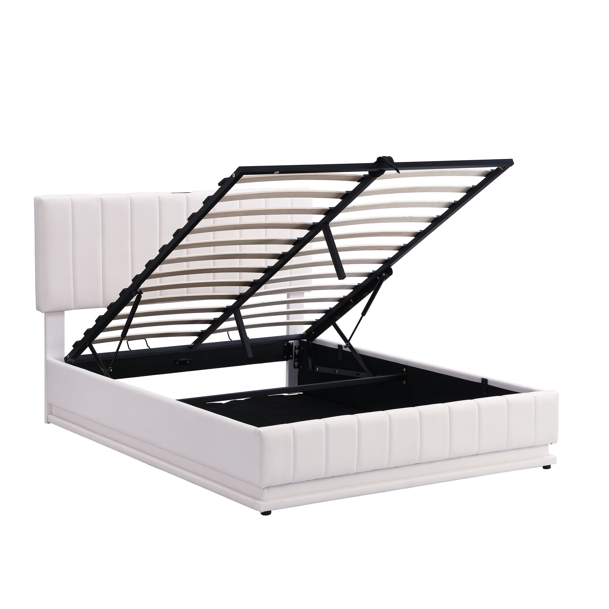 Full Size Upholstered Bed With Hydraulic Storage System And Led Light, Modern Platform Bed With Sockets And Usb Ports, White White Pu Leather