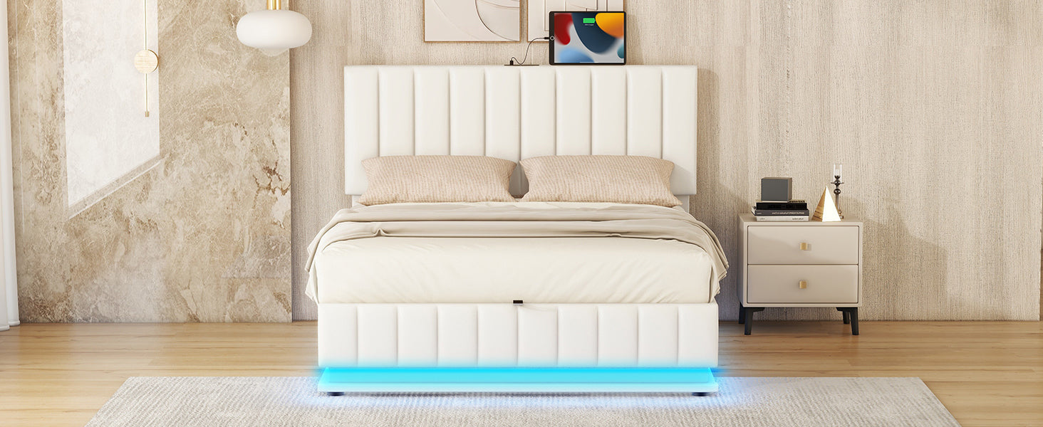 Full Size Upholstered Bed With Hydraulic Storage System And Led Light, Modern Platform Bed With Sockets And Usb Ports, White White Pu Leather