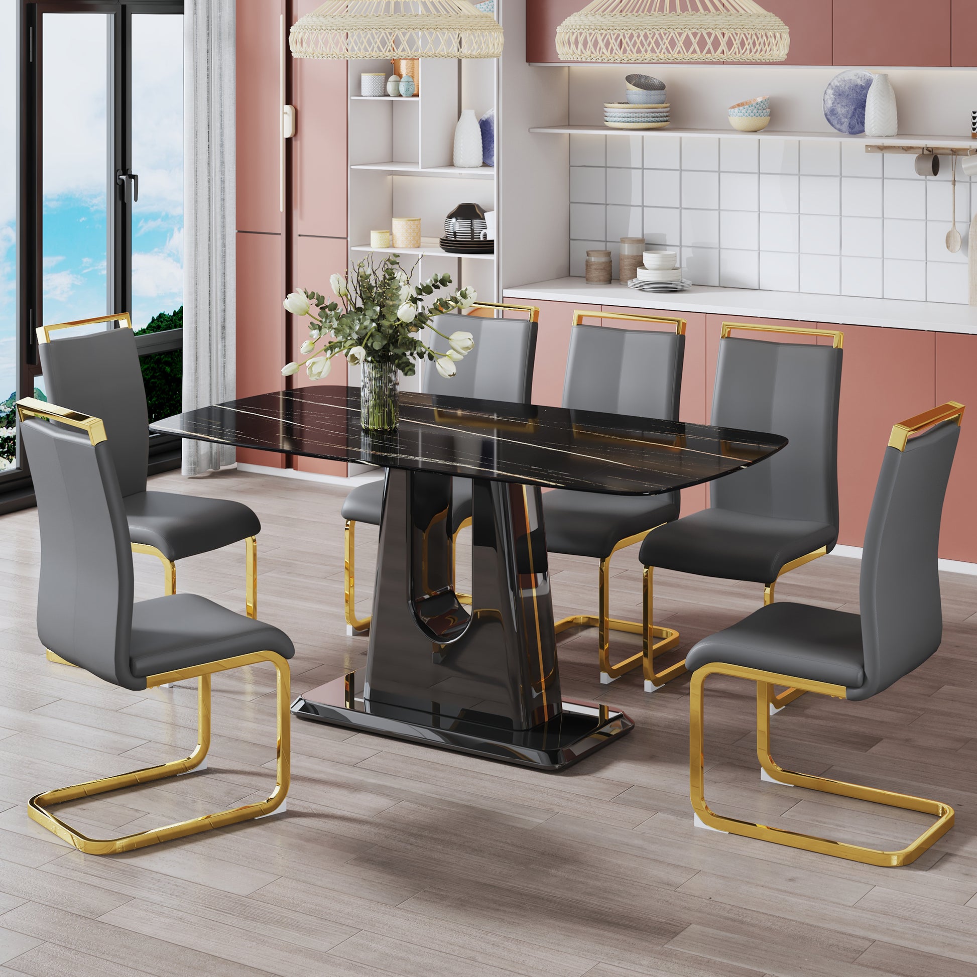 A Modern, Minimalist, And Luxurious Table. A Black Imitation Marble Tabletop With Mdf U Shaped Legs. Dining Table, Computer Table. For Restaurants And Living Rooms 63" * 35.4"* 30" F U Black Mdf