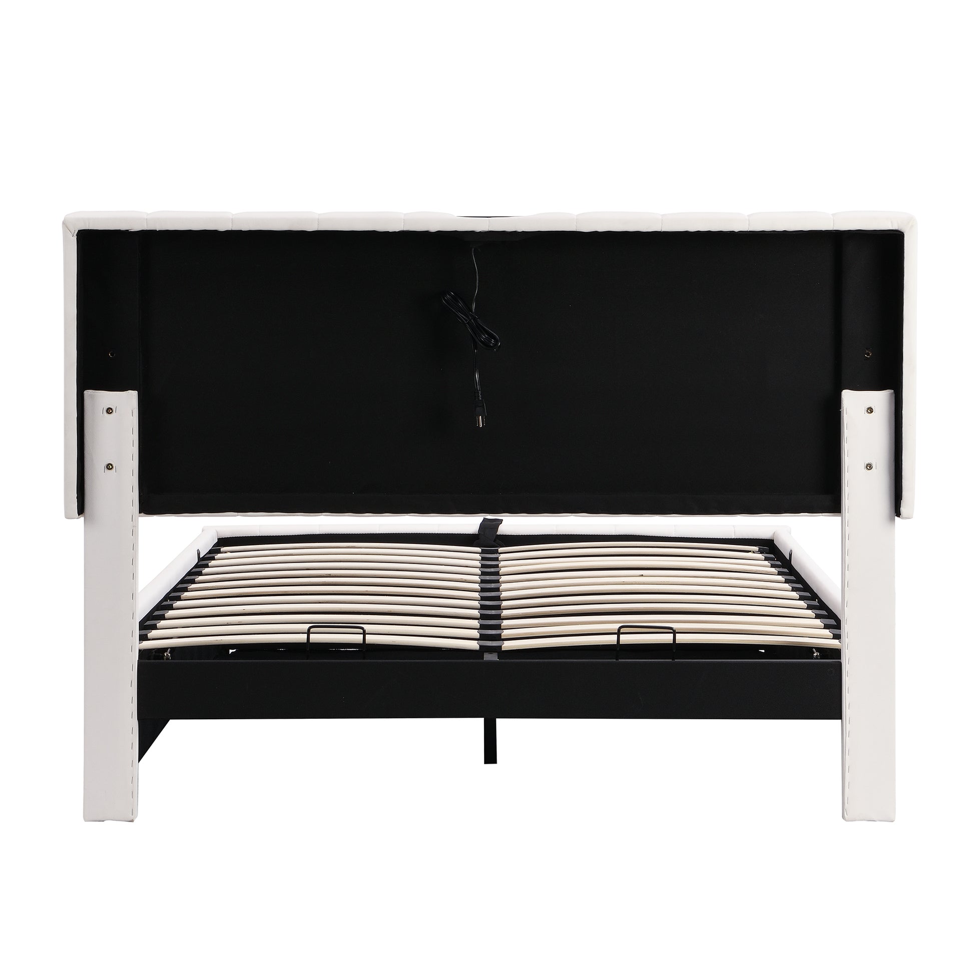 Full Size Upholstered Bed With Hydraulic Storage System And Led Light, Modern Platform Bed With Sockets And Usb Ports, White White Pu Leather