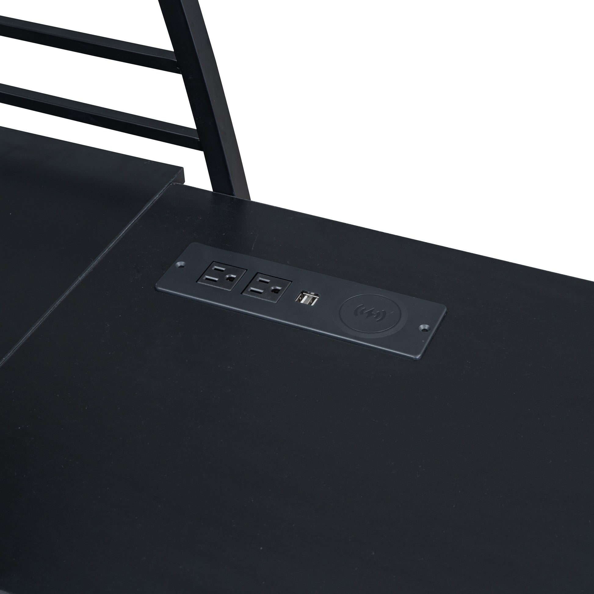 Full Size Loft Bed With 4 Layers Of Shelves And L Shaped Desk, Stylish Metal Frame Bed With A Set Of Sockets, Usb Ports And Wireless Charging, Black Black Metal