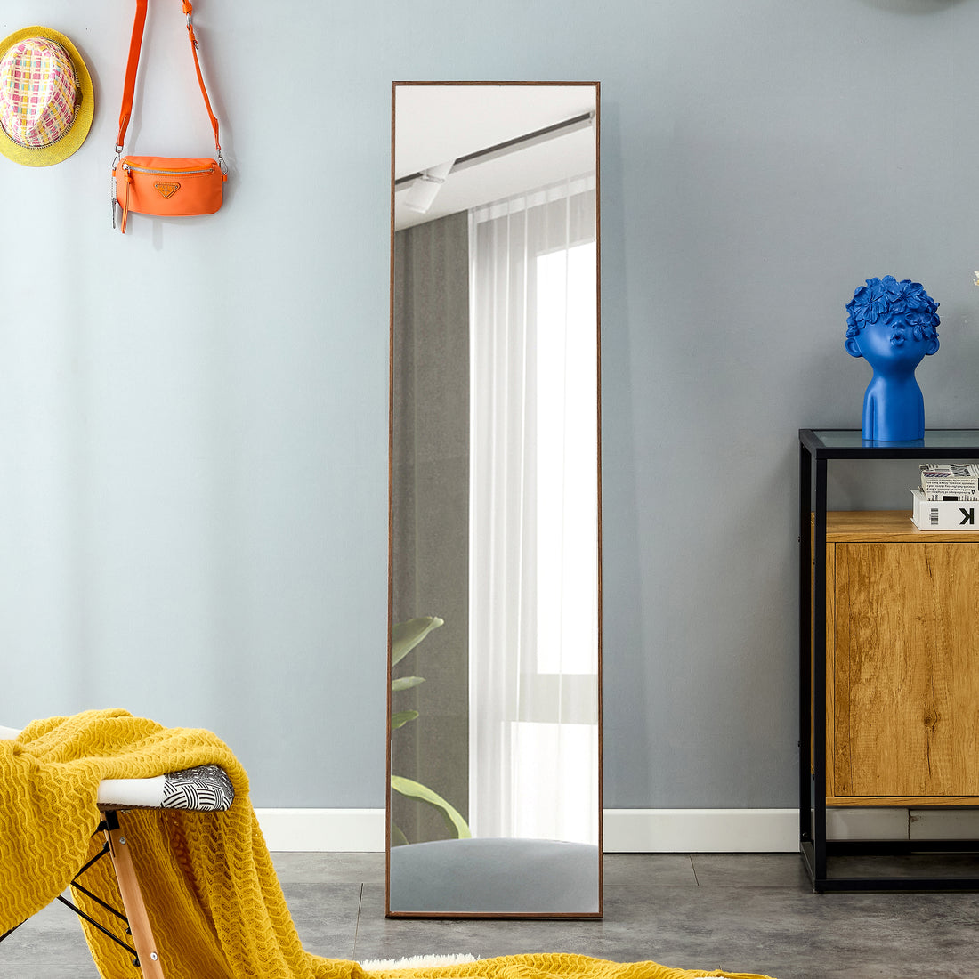 3Rd Generation Packaging Upgrade Brown Solid Wood Frame Full Length Mirror, Dressing Mirror, Bedroom Porch, Decorative Mirror, Clothing Store, Floor Standing Large Mirror. 58 "* 15" W115155945 Brown Glass