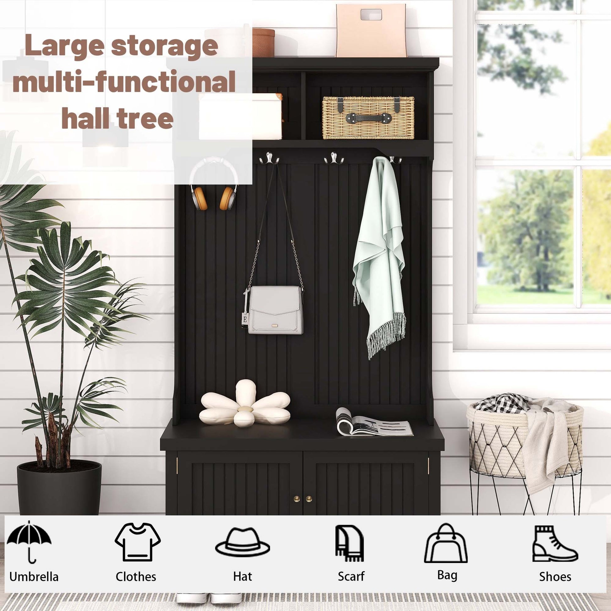 Hall Tree With Storage Shoe Bench For Entryway And Hallway, 4 In 1 Design Coat Racks With 4 Hooks For Living Room, Black Black Mdf