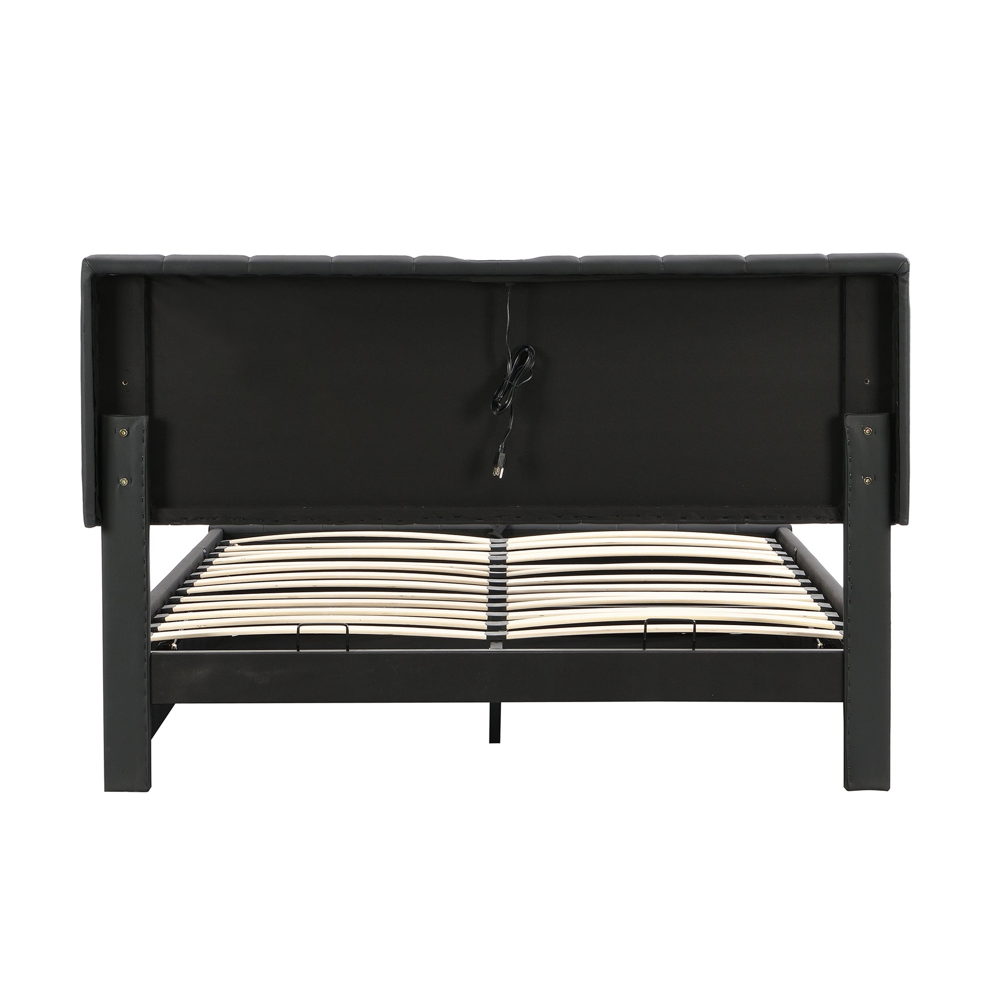 Queen Size Upholstered Bed With Hydraulic Storage System And Led Light, Modern Platform Bed With Sockets And Usb Ports, Black Black Pu Leather