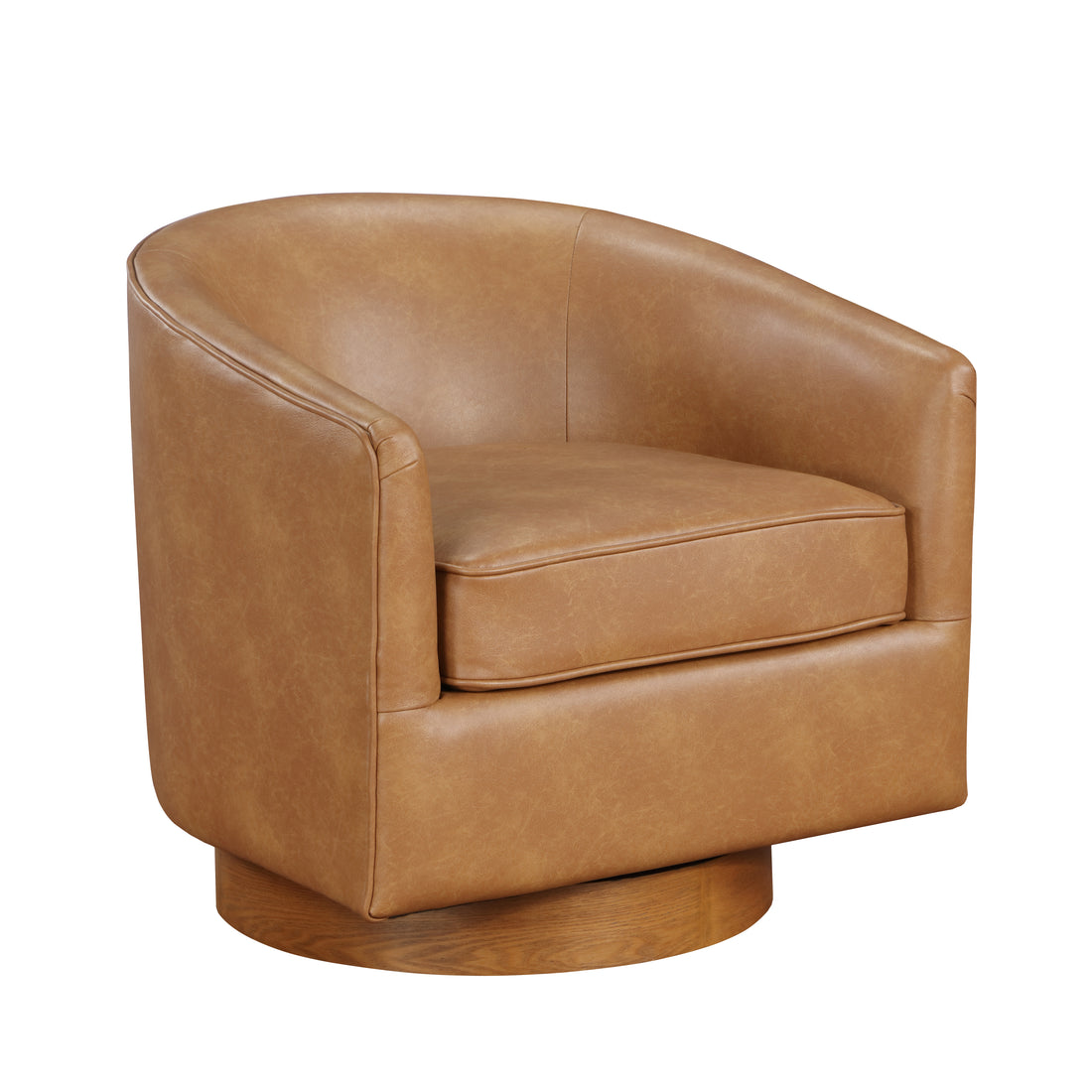 Maisy Saddle Faux Leather Wood Base Barrel Swivel Chair Brown Foam Polyester