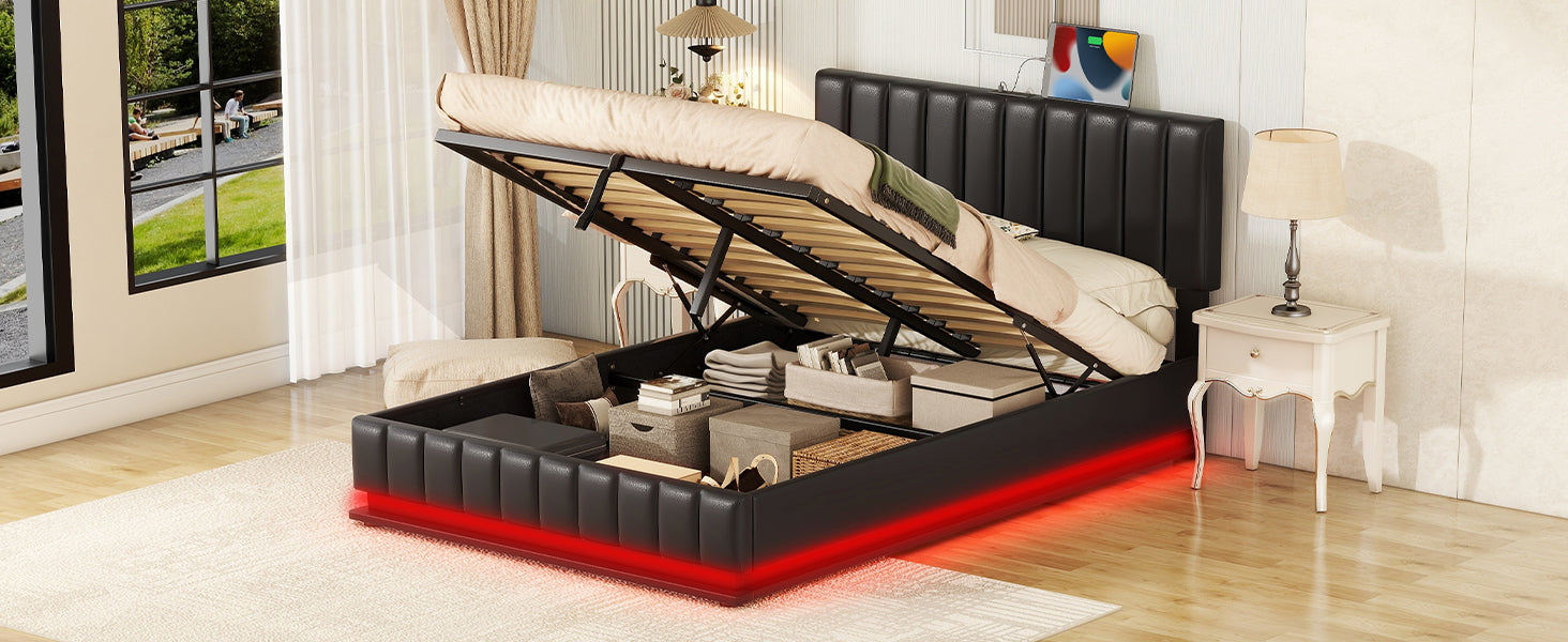 Full Size Upholstered Bed With Hydraulic Storage System And Led Light, Modern Platform Bed With Sockets And Usb Ports, Black Black Pu Leather