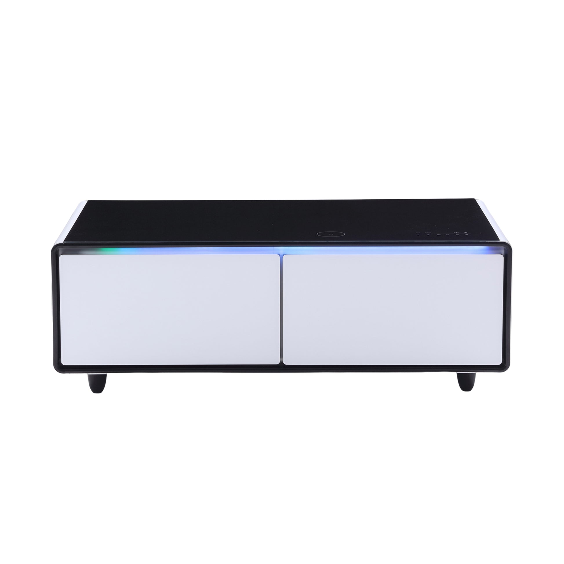 Modern Smart Coffee Table With Built In Fridge, Bluetooth Speaker, Wireless Charging Module, Touch Control Panel, Power Socket, Usb Interface, Outlet Protection, Atmosphere Light, White White Black Built In Outlets Or Usb Primary Living Space