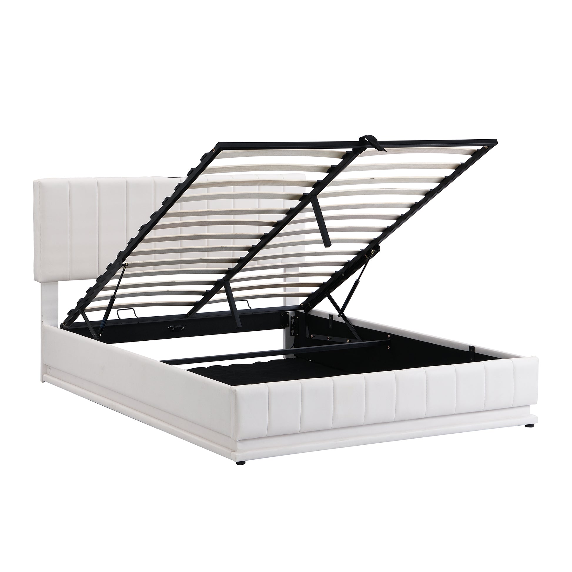 Queen Size Upholstered Bed With Hydraulic Storage System And Led Light, Modern Platform Bed With Sockets And Usb Ports, White White Pu Leather