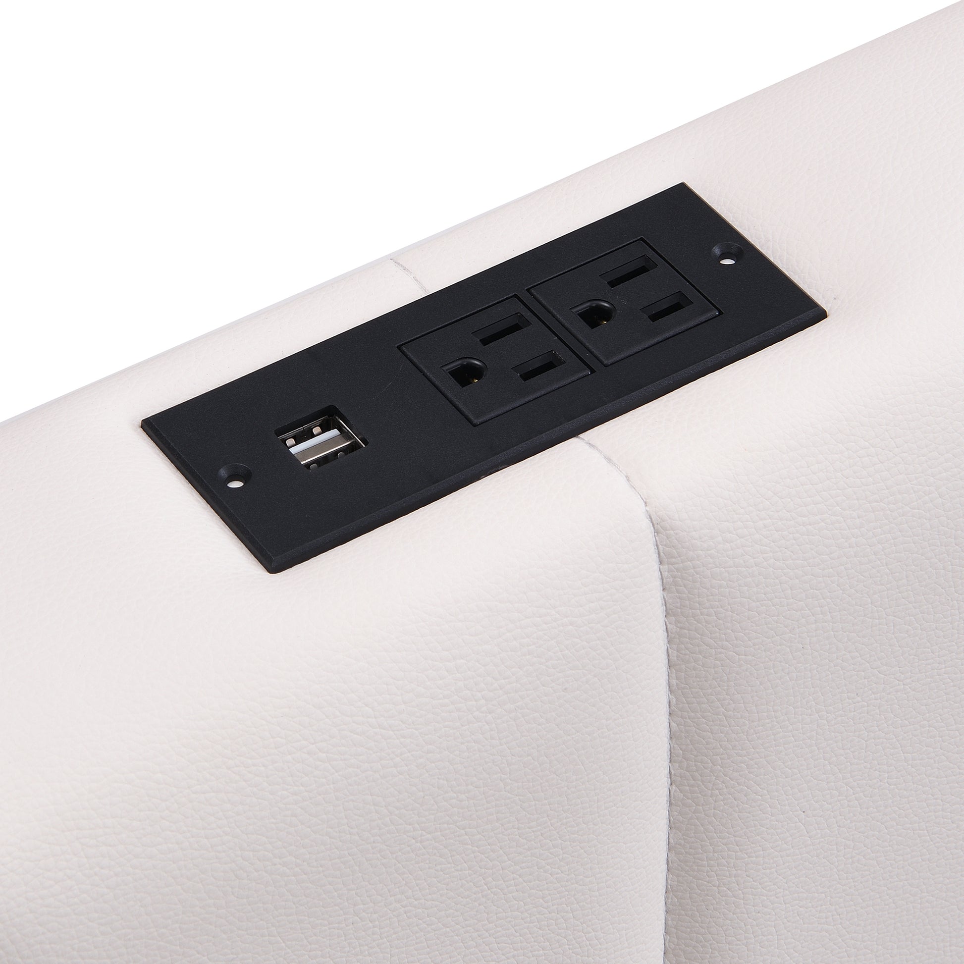 Queen Size Upholstered Bed With Hydraulic Storage System And Led Light, Modern Platform Bed With Sockets And Usb Ports, White White Pu Leather