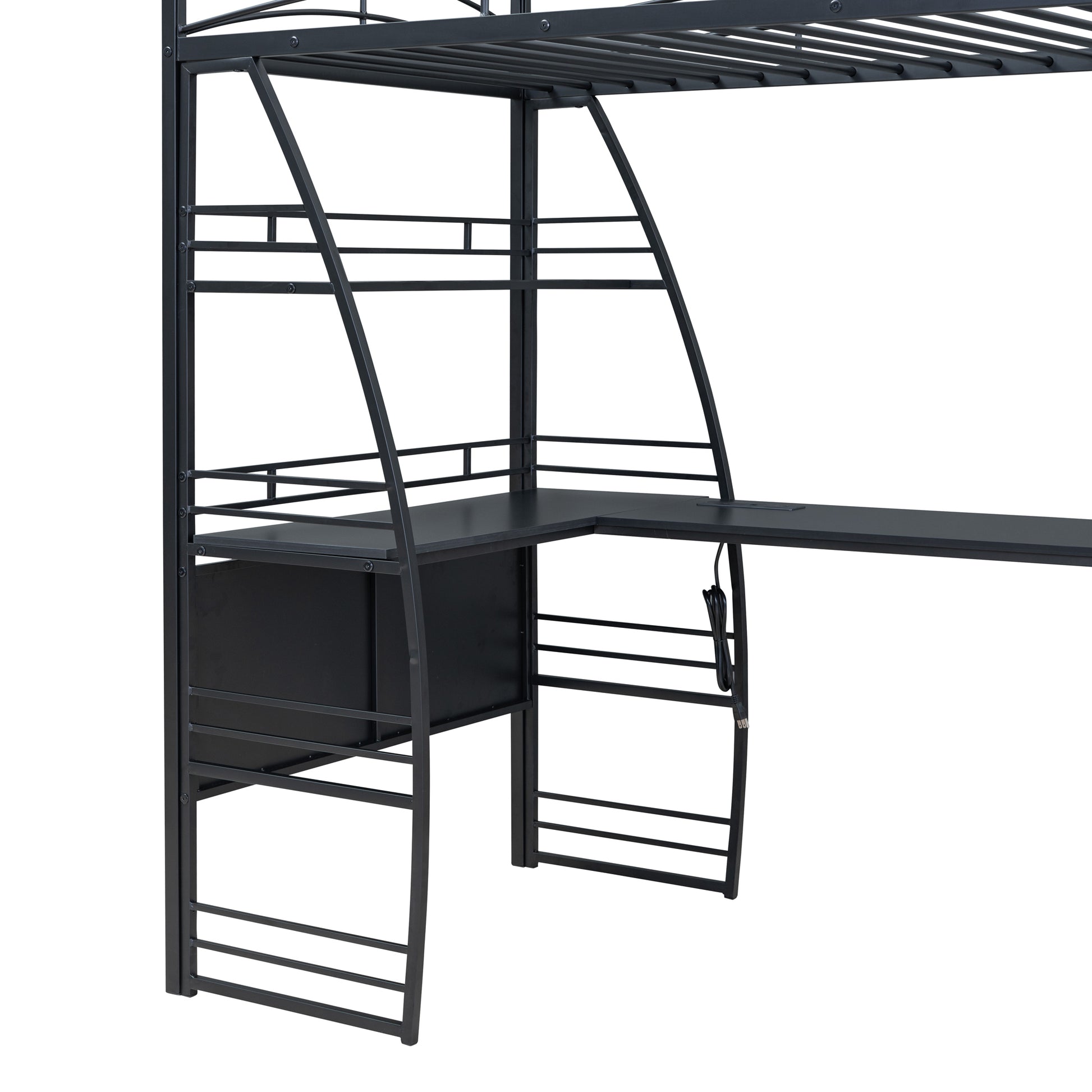 Twin Size Loft Bed With 4 Layers Of Shelves And L Shaped Desk, Stylish Metal Frame Bed With A Set Of Sockets, Usb Ports And Wireless Charging, Black Black Metal