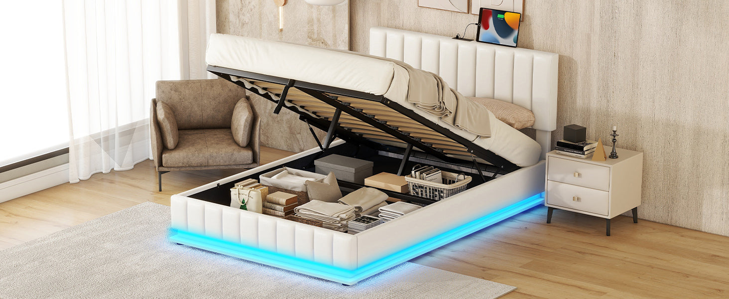 Full Size Upholstered Bed With Hydraulic Storage System And Led Light, Modern Platform Bed With Sockets And Usb Ports, White White Pu Leather