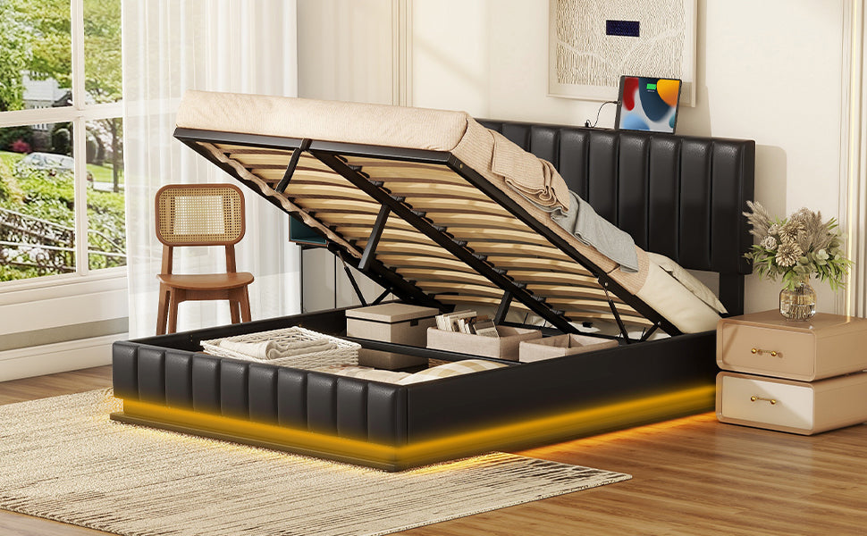 Queen Size Upholstered Bed With Hydraulic Storage System And Led Light, Modern Platform Bed With Sockets And Usb Ports, Black Black Pu Leather