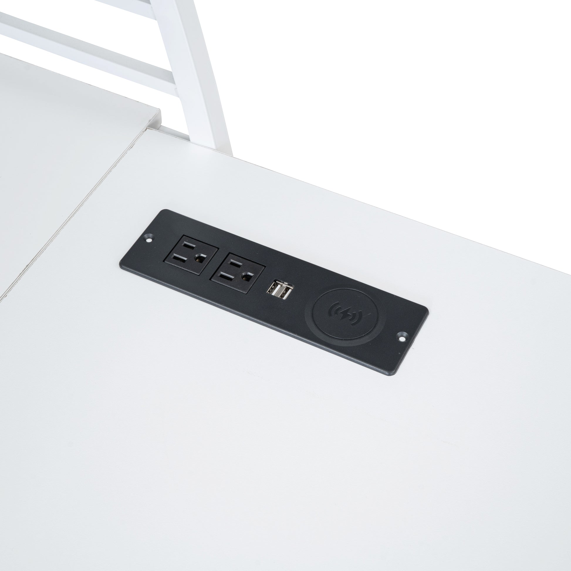 Full Size Loft Bed With 4 Layers Of Shelves And L Shaped Desk, Stylish Metal Frame Bed With A Set Of Sockets, Usb Ports And And Wireless Charging, White White Metal