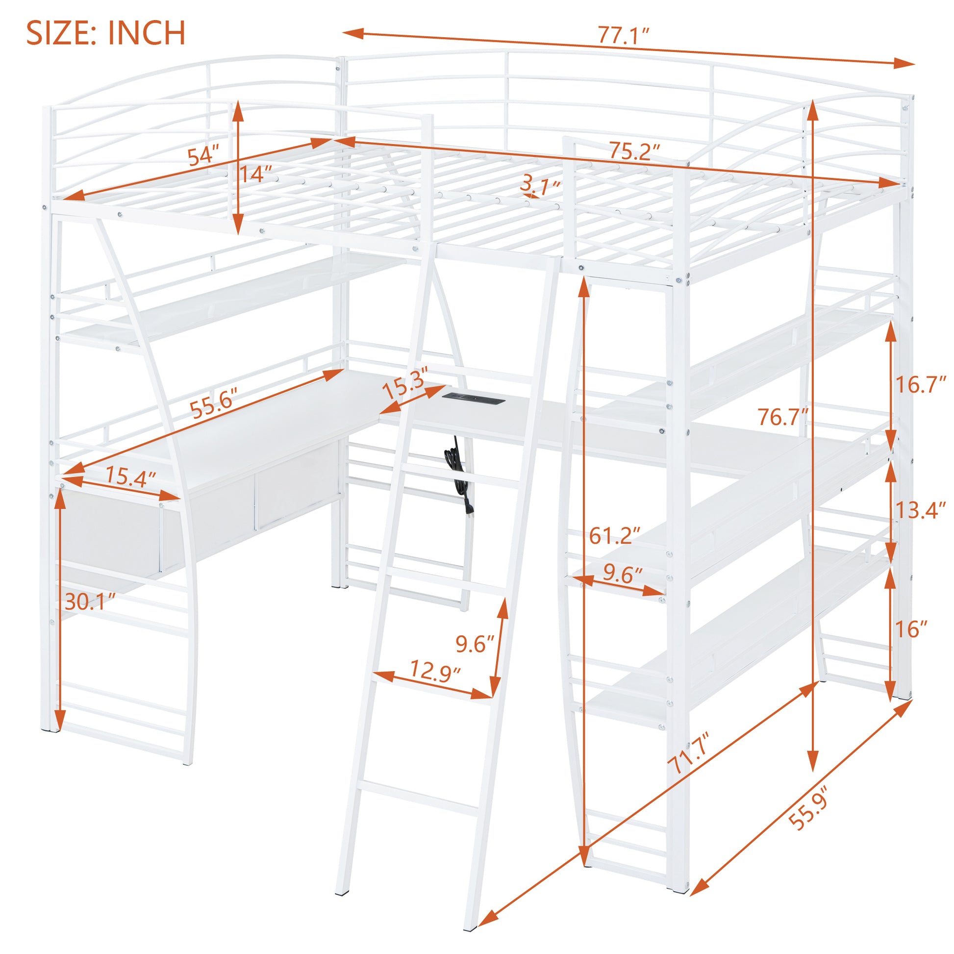 Full Size Loft Bed With 4 Layers Of Shelves And L Shaped Desk, Stylish Metal Frame Bed With A Set Of Sockets, Usb Ports And And Wireless Charging, White White Metal