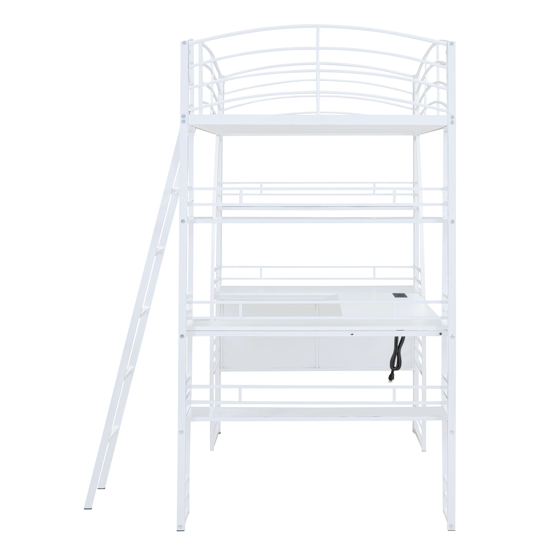 Twin Size Loft Bed With 4 Layers Of Shelves And L Shaped Desk, Stylish Metal Frame Bed With A Set Of Sockets, Usb Ports And And Wireless Charging, White White Metal