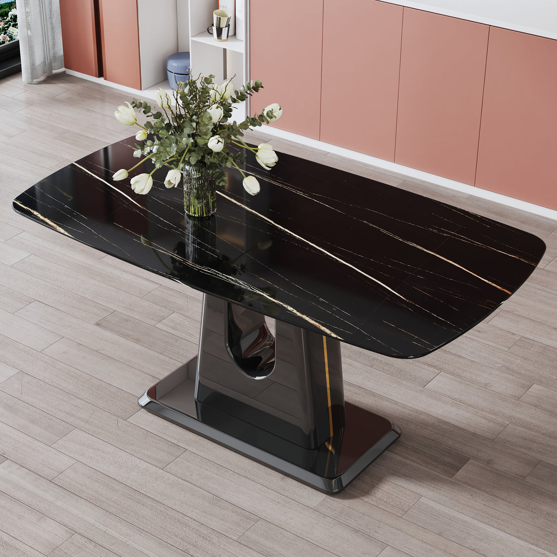 A Modern, Minimalist, And Luxurious Table. A Black Imitation Marble Tabletop With Mdf U Shaped Legs. Dining Table, Computer Table. For Restaurants And Living Rooms 63" * 35.4"* 30" F U Black Mdf