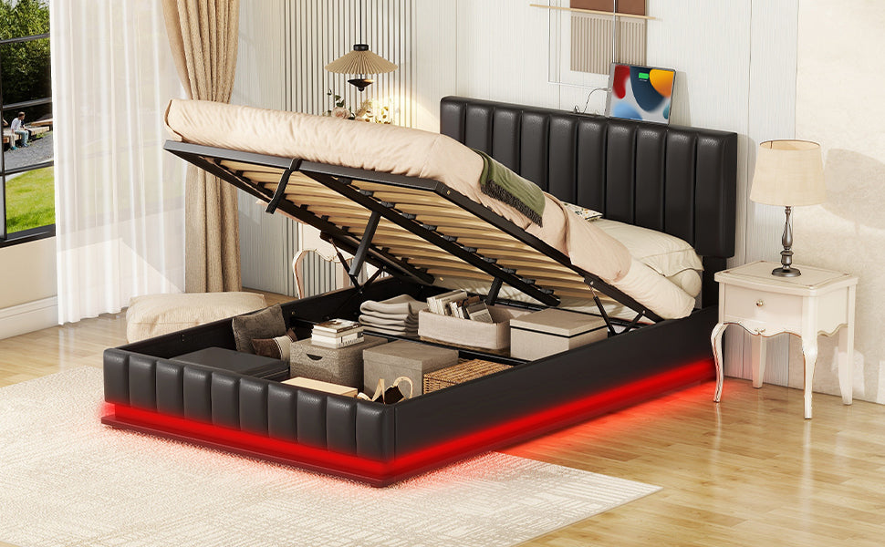 Full Size Upholstered Bed With Hydraulic Storage System And Led Light, Modern Platform Bed With Sockets And Usb Ports, Black Black Pu Leather