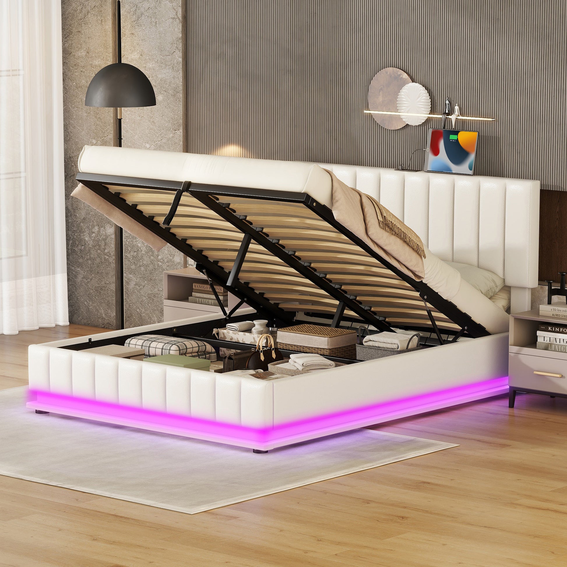 Queen Size Upholstered Bed With Hydraulic Storage System And Led Light, Modern Platform Bed With Sockets And Usb Ports, White White Pu Leather