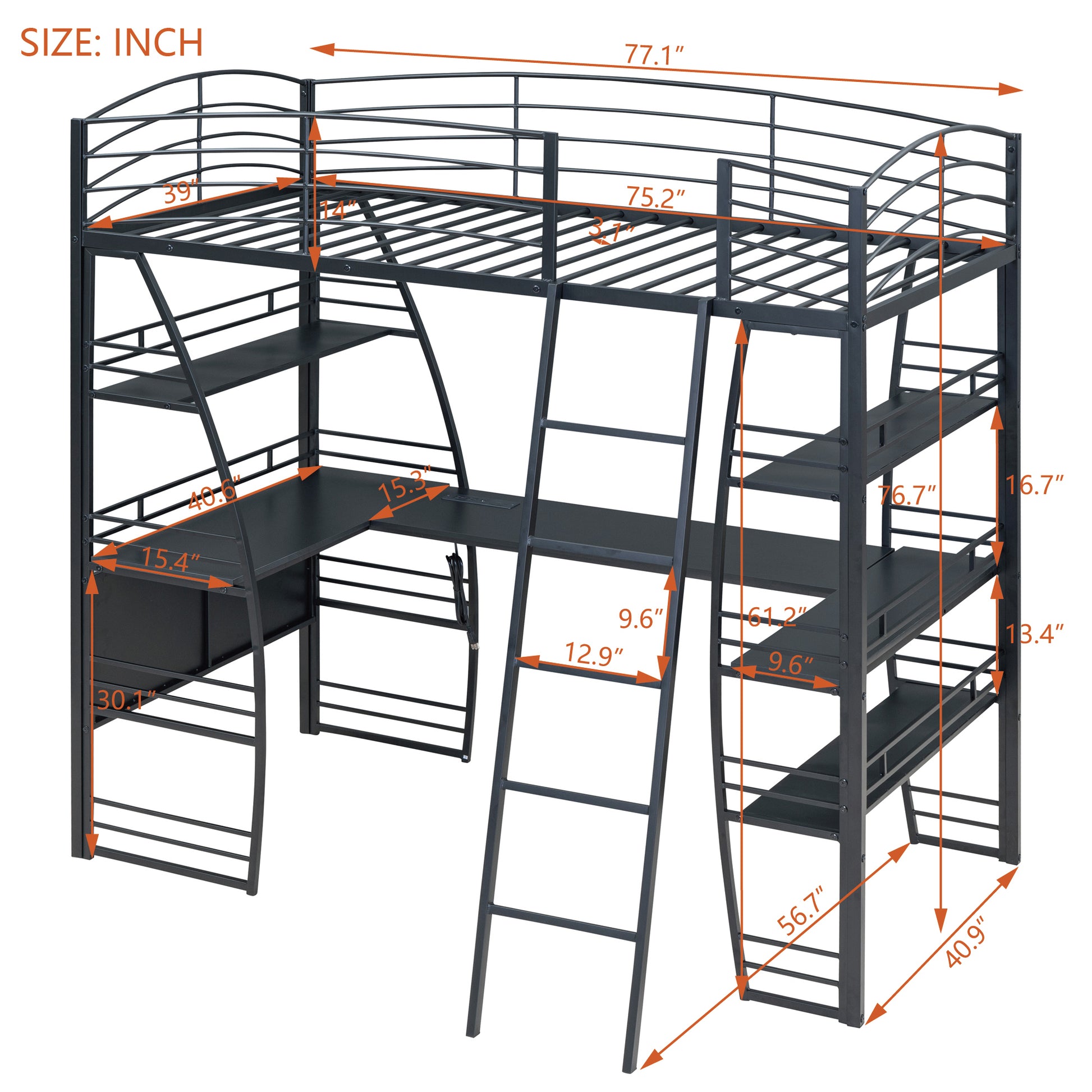 Twin Size Loft Bed With 4 Layers Of Shelves And L Shaped Desk, Stylish Metal Frame Bed With A Set Of Sockets, Usb Ports And Wireless Charging, Black Black Metal