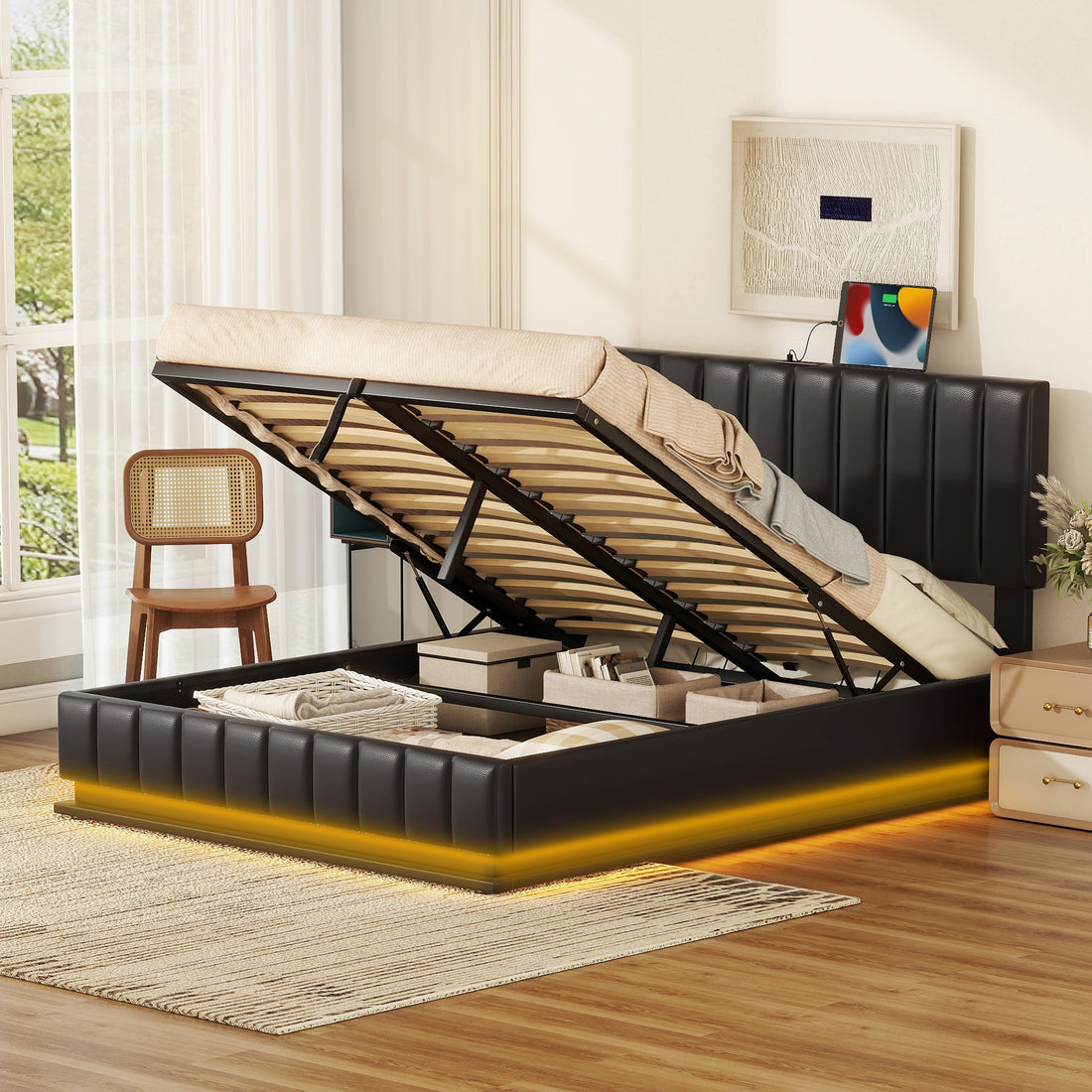 Queen Size Upholstered Bed With Hydraulic Storage System And Led Light, Modern Platform Bed With Sockets And Usb Ports, Black Black Pu Leather