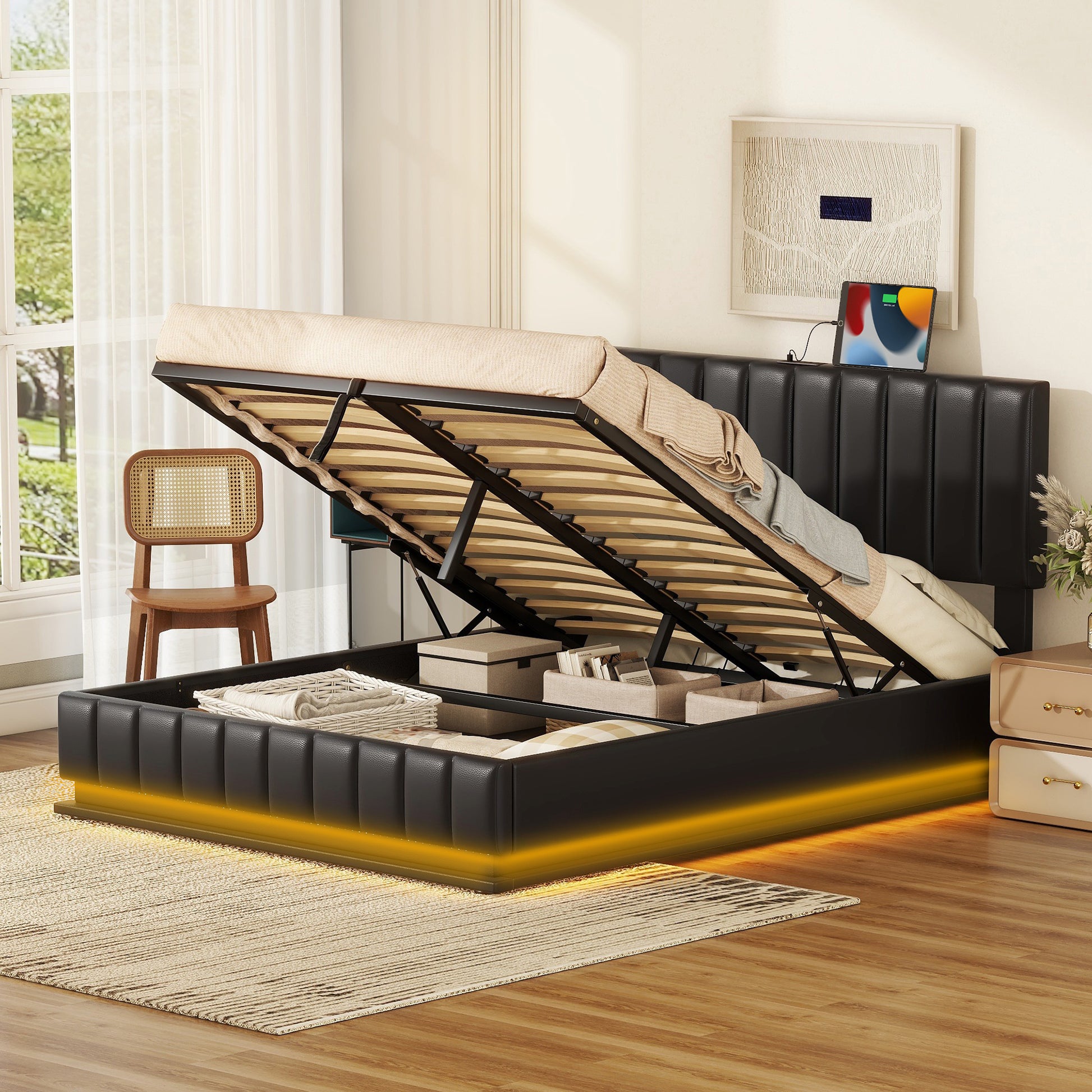 Queen Size Upholstered Bed With Hydraulic Storage System And Led Light, Modern Platform Bed With Sockets And Usb Ports, Black Black Pu Leather