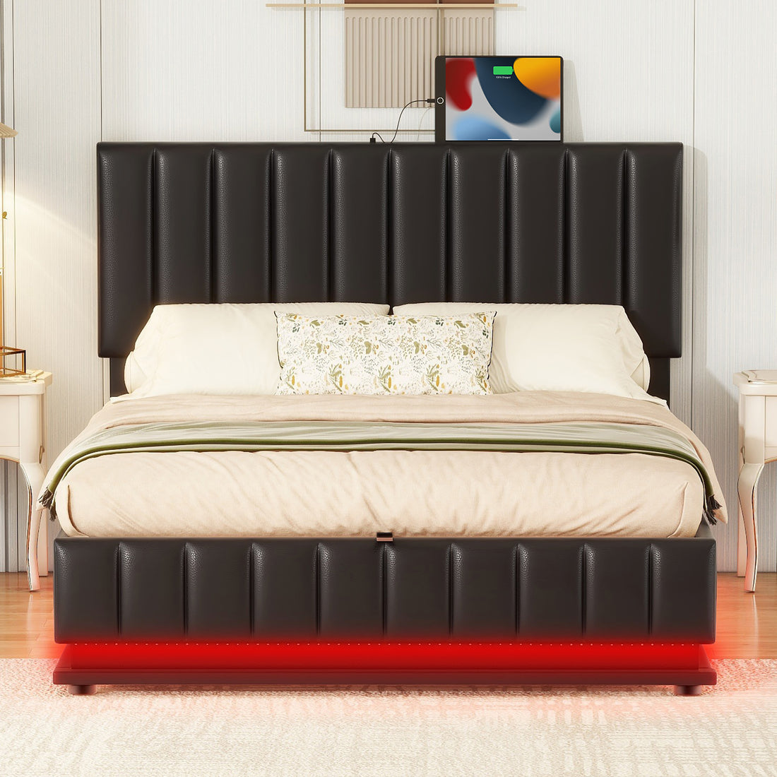 Full Size Upholstered Bed With Hydraulic Storage System And Led Light, Modern Platform Bed With Sockets And Usb Ports, Black Black Pu Leather