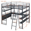 Full Size Loft Bed With 4 Layers Of Shelves And L Shaped Desk, Stylish Metal Frame Bed With A Set Of Sockets, Usb Ports And Wireless Charging, Black Black Metal