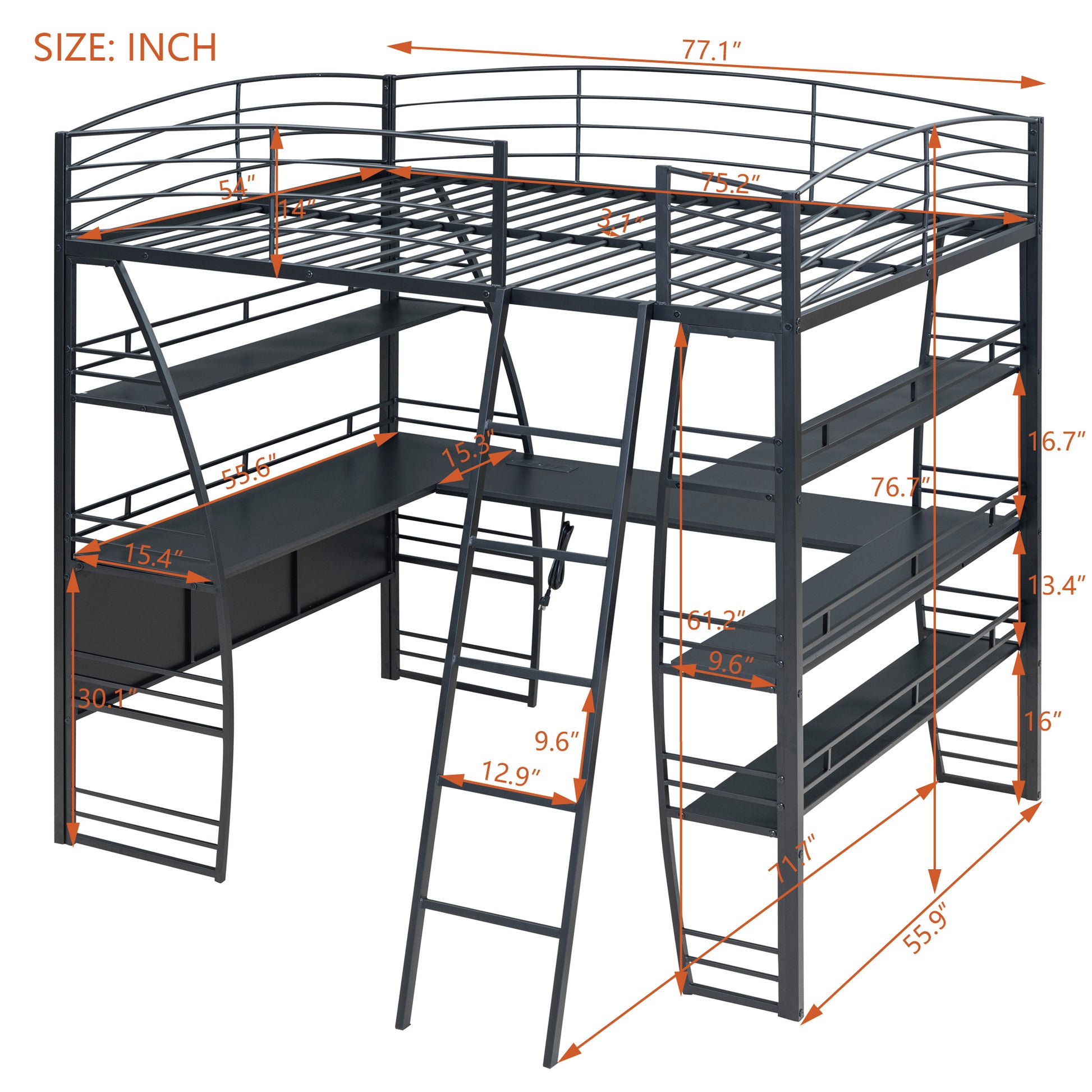 Full Size Loft Bed With 4 Layers Of Shelves And L Shaped Desk, Stylish Metal Frame Bed With A Set Of Sockets, Usb Ports And Wireless Charging, Black Black Metal