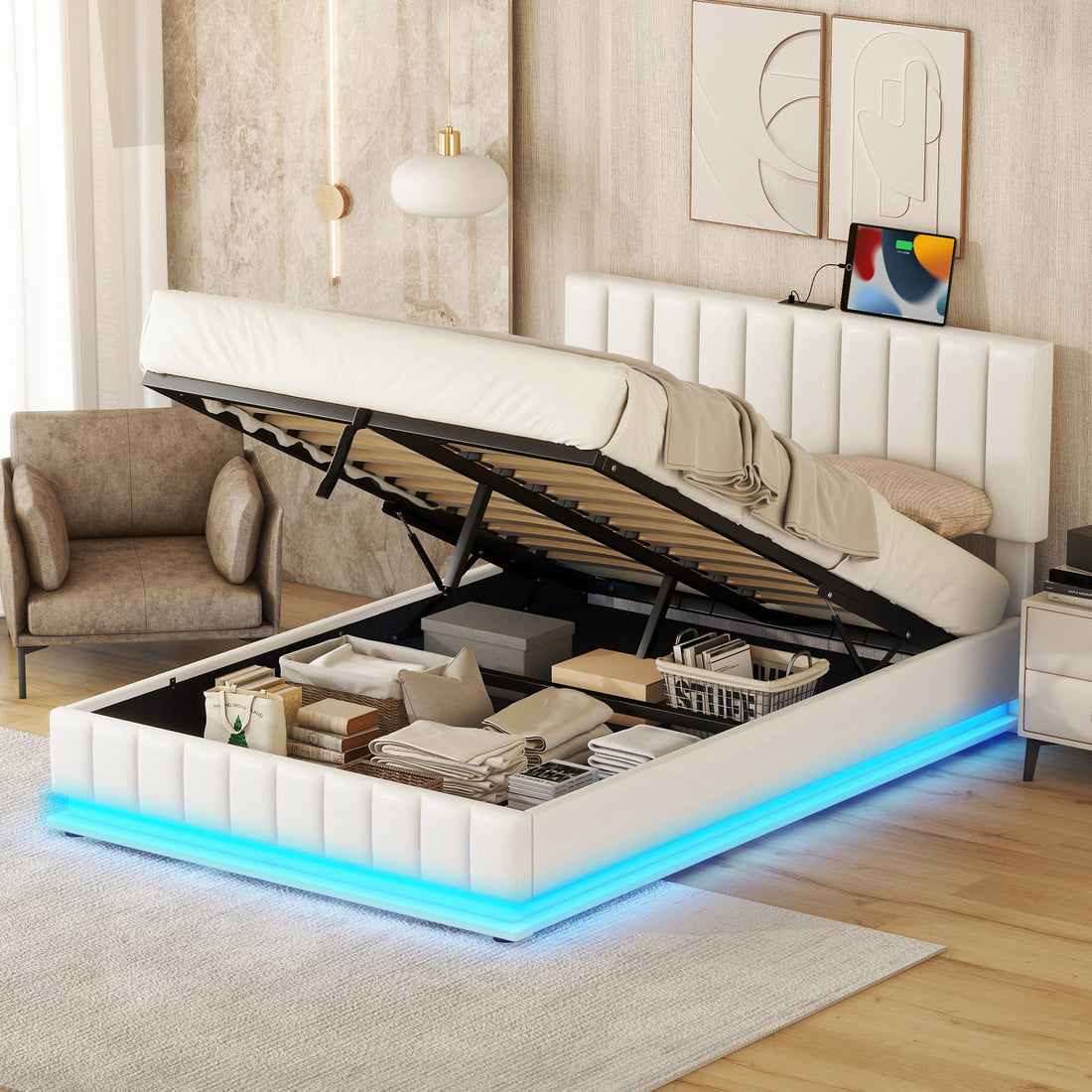 Full Size Upholstered Bed With Hydraulic Storage System And Led Light, Modern Platform Bed With Sockets And Usb Ports, White White Pu Leather