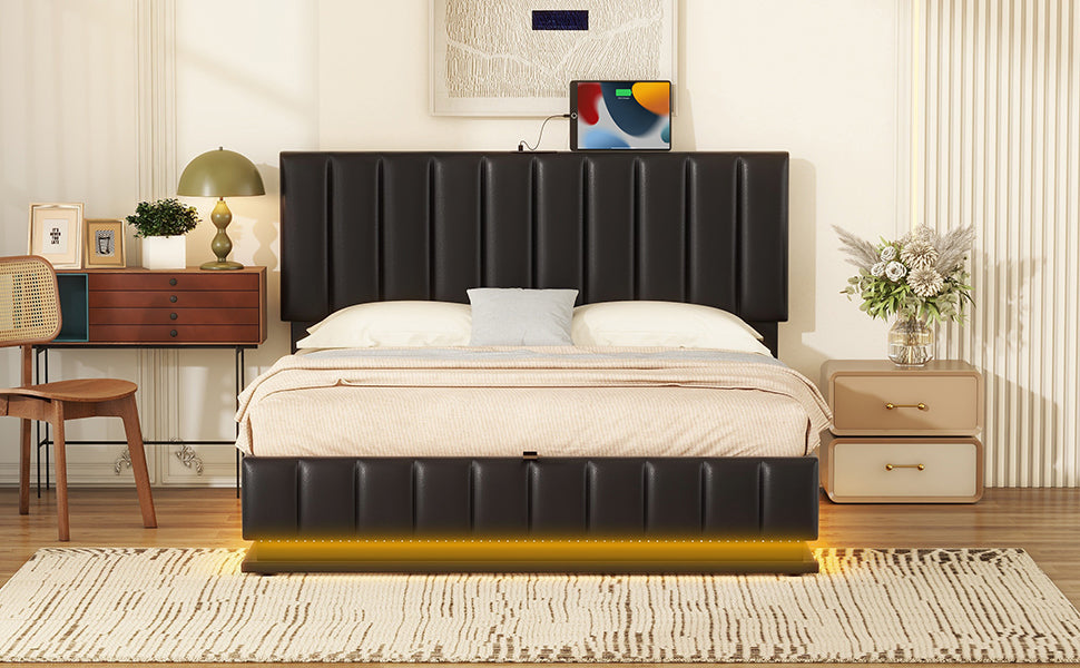 Queen Size Upholstered Bed With Hydraulic Storage System And Led Light, Modern Platform Bed With Sockets And Usb Ports, Black Black Pu Leather