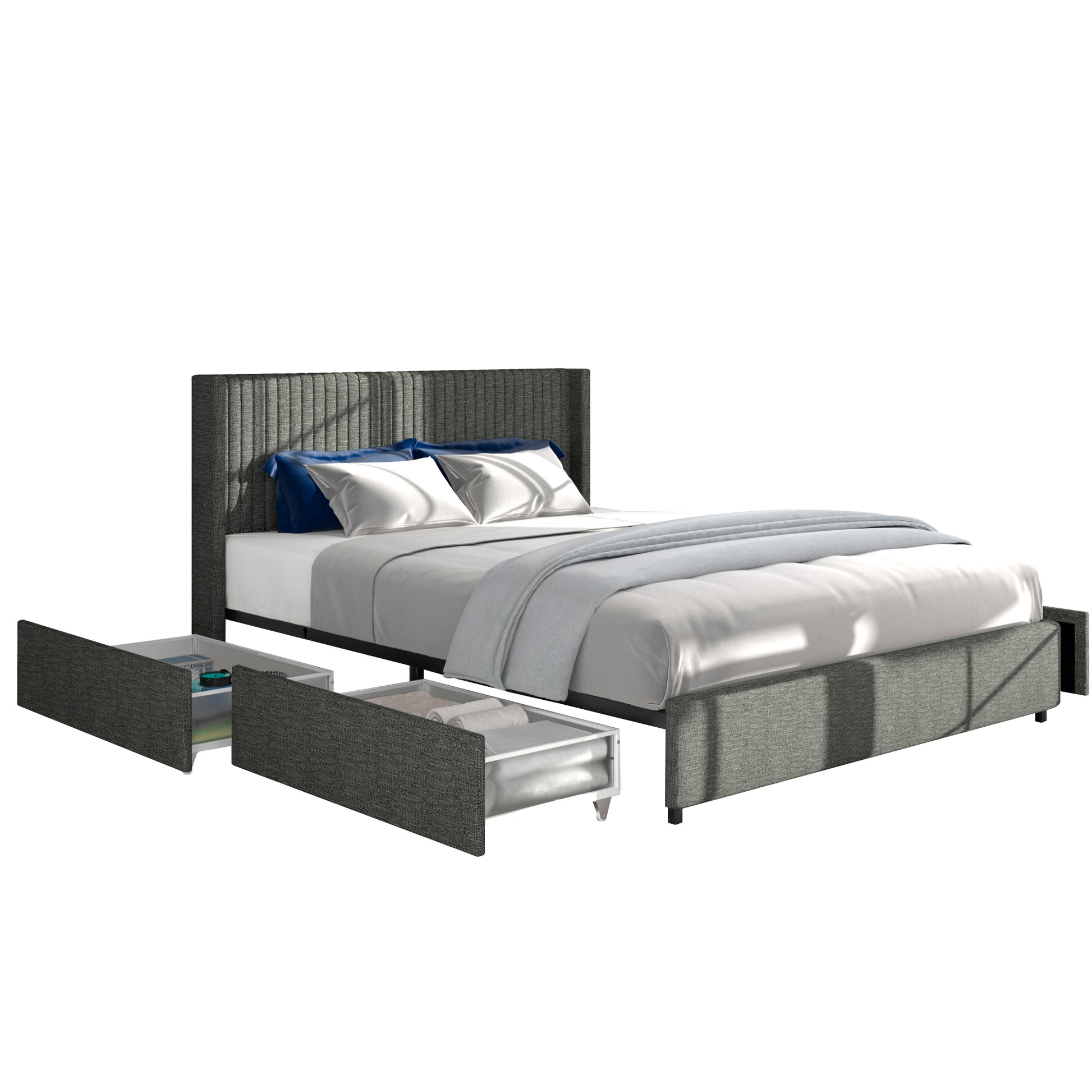 Anna Queen Size Gray Linen Upholstered Wingback Platform Bed With Patented 4 Drawers Storage, Modern Design Headboard With Tight Channel, Wooden Slat Mattress Support No Box Spring Needed Box Spring Not Required Queen Gray Metal Bedroom