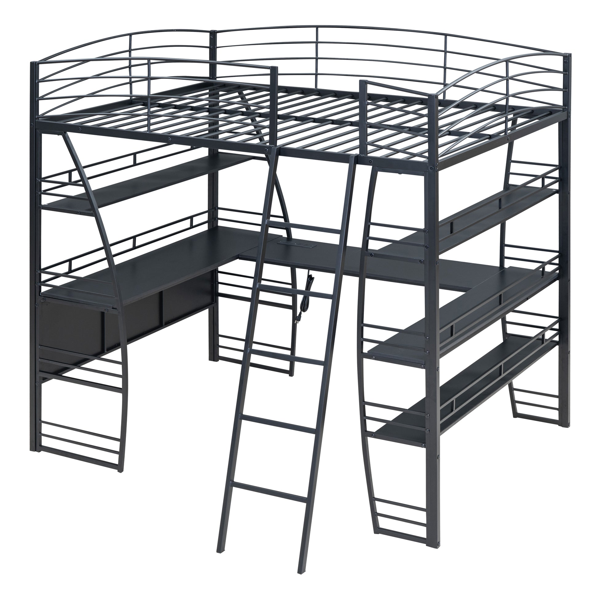 Full Size Loft Bed With 4 Layers Of Shelves And L Shaped Desk, Stylish Metal Frame Bed With A Set Of Sockets, Usb Ports And Wireless Charging, Black Black Metal